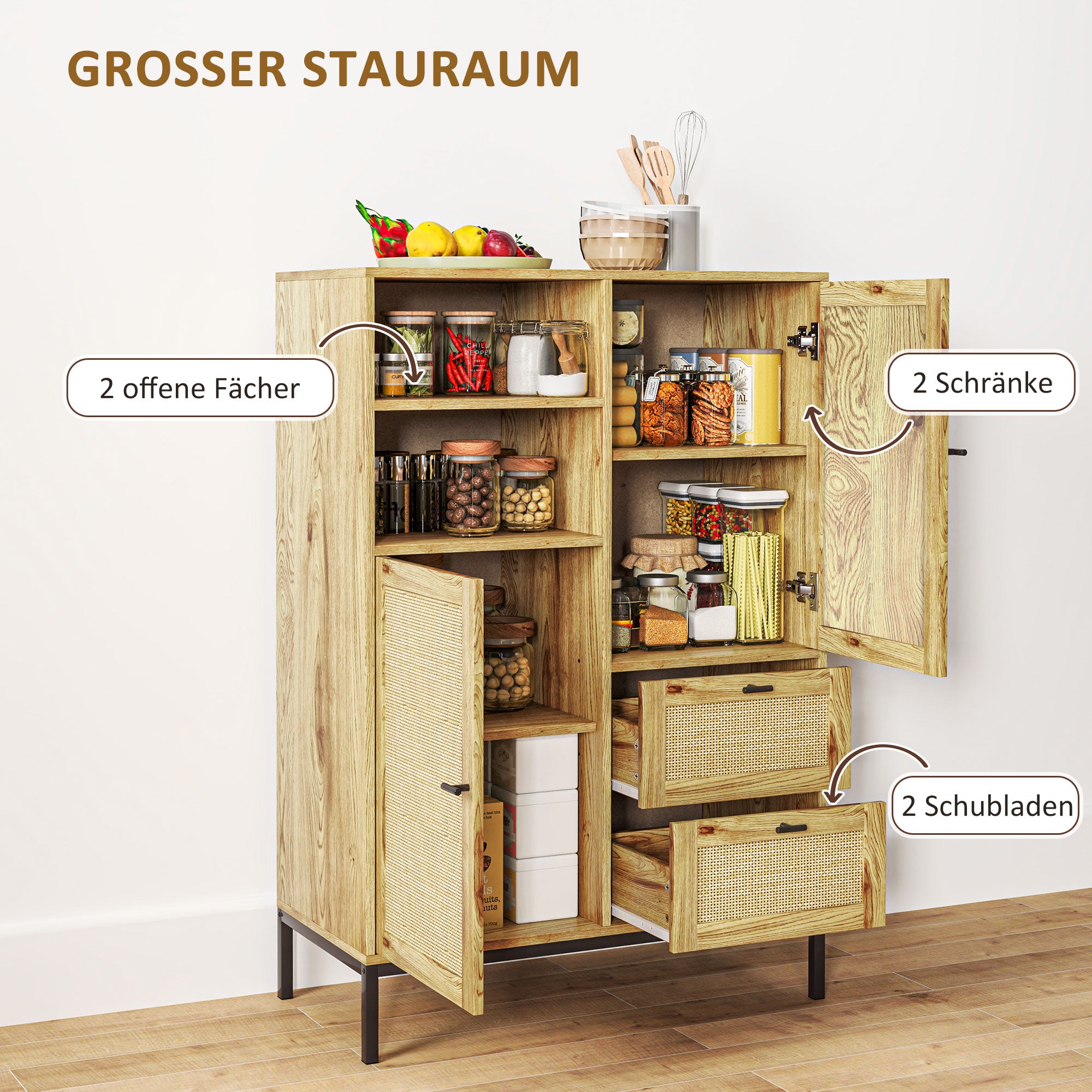 HOMCOM Aufbewahrungsschrank, Flexible Kommode mit Rattan-Türen, Schubladen und verstellbaren Regalen, 80B x 40T x 120H cm