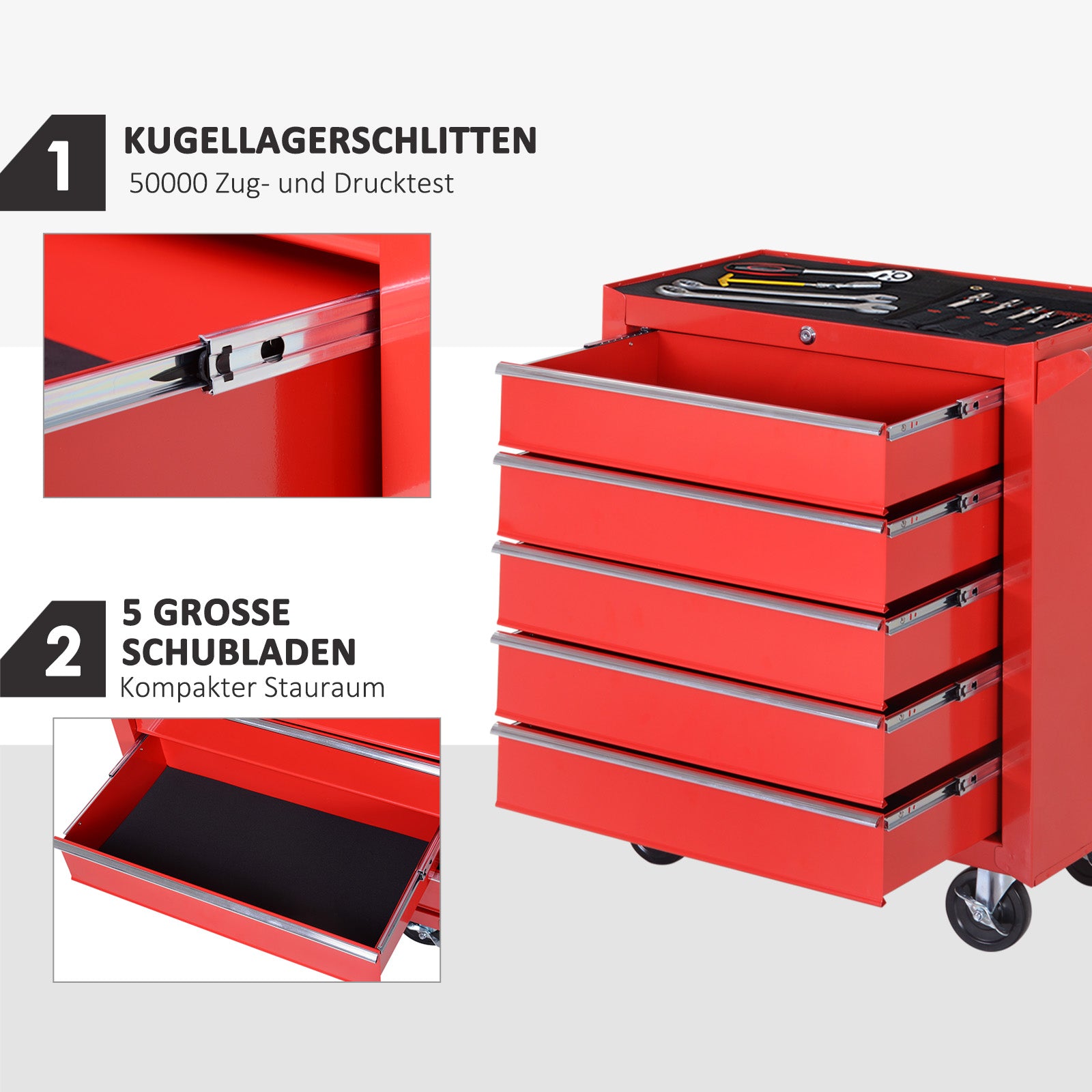 DURHAND Rollschrank, Werkzeugschrank für Garage, Schuppen, Stahl, 69L x 33B x 75H cm, Rot