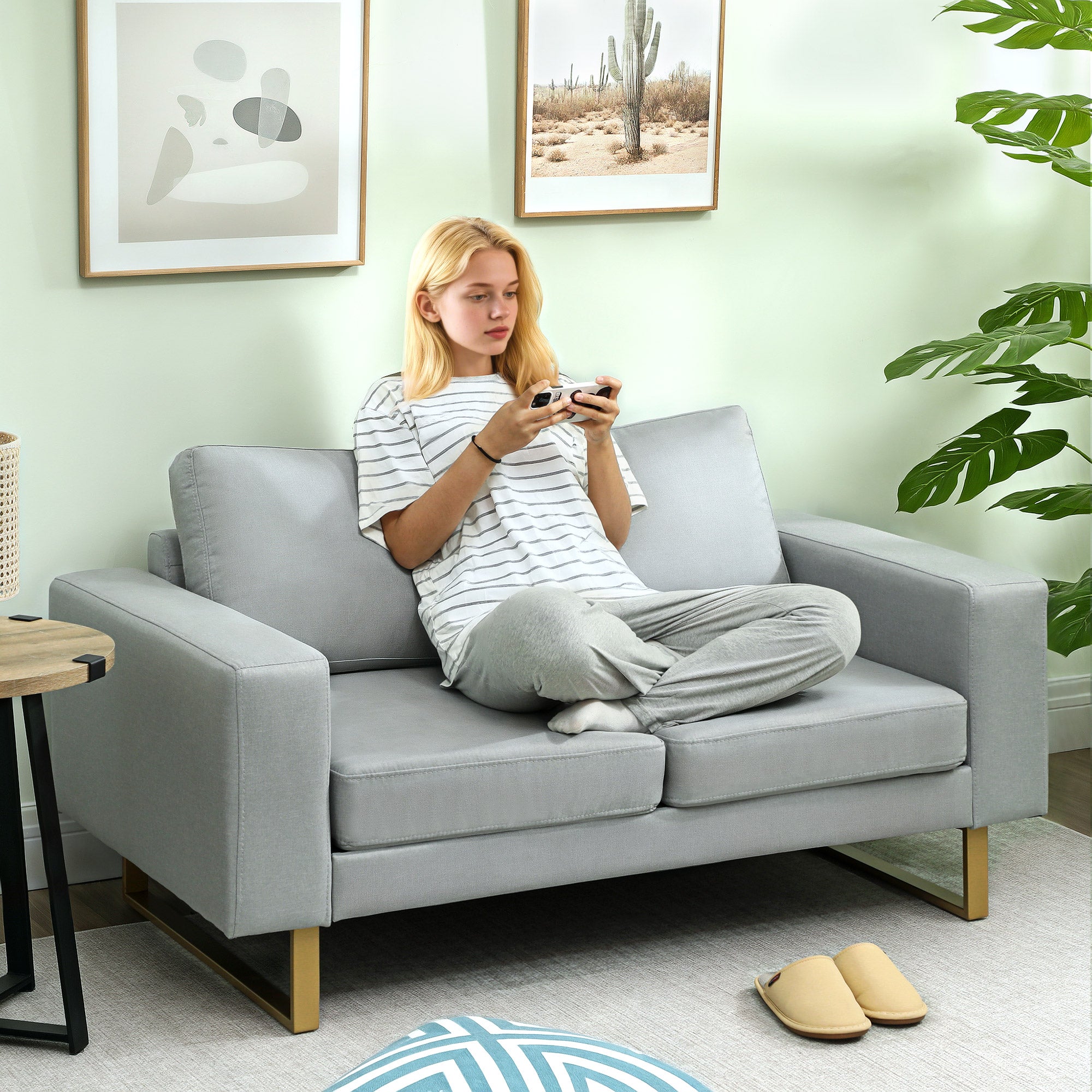 HOMCOM 2-Sitzer-Sofa, Couch mit Vollholzrahmen, Metallbeine, schlichtes Design, Hellgrau