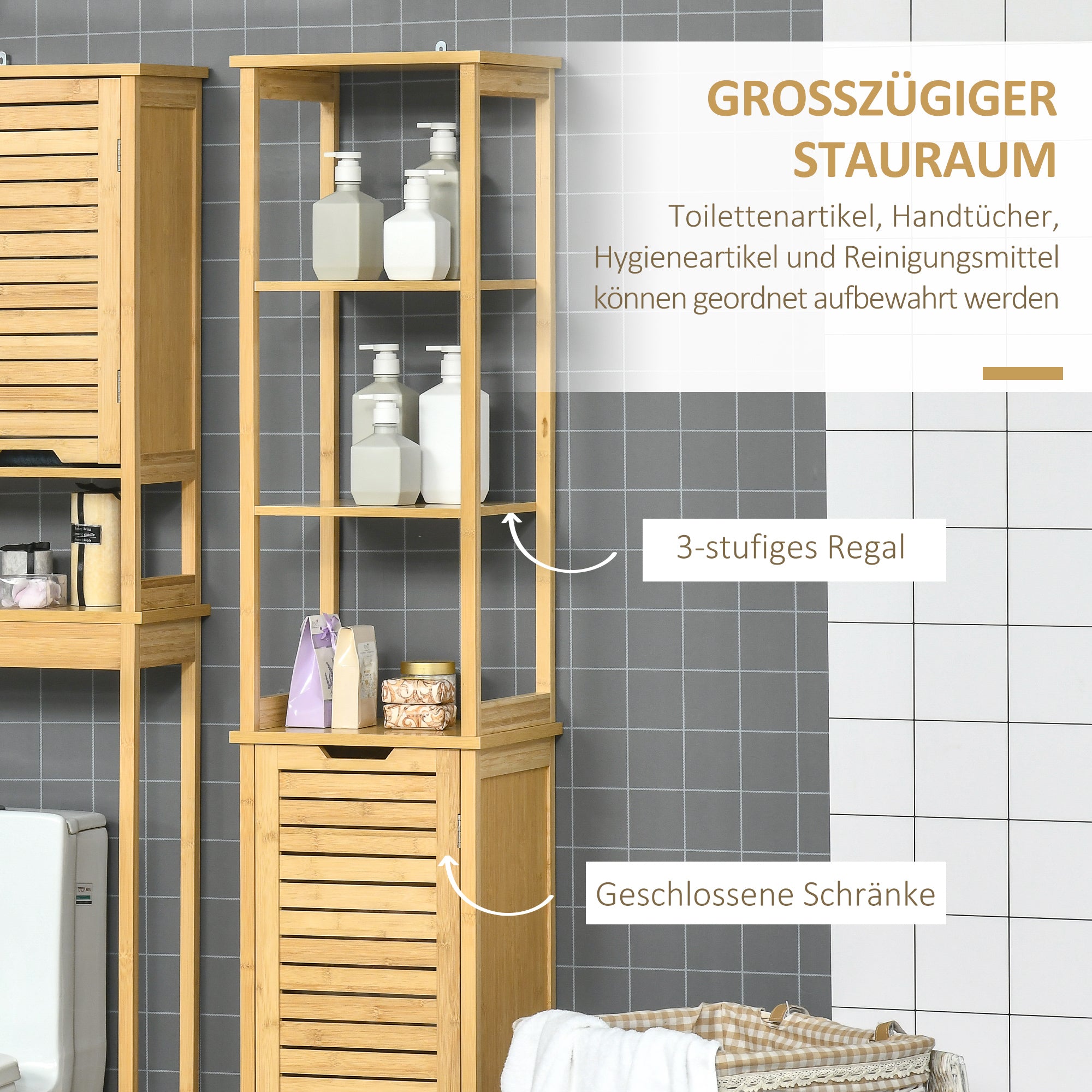 kleankin Badschrank, Hochschrank, drei Regalböden, ein Schrankfach mit Lamellentür, Kippschutz, Bambus, 34 x 30 x 173cm