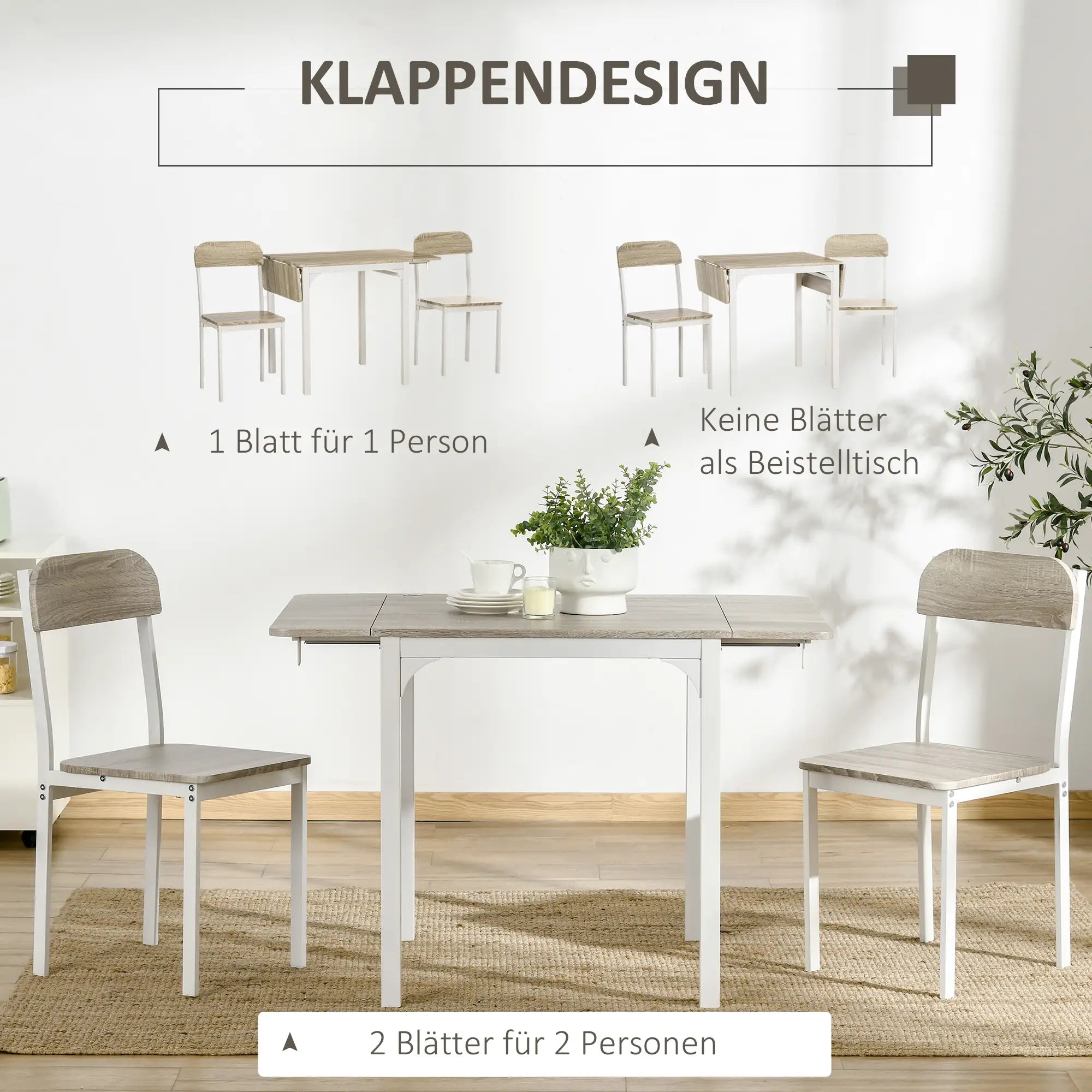 HOMCOM Essgruppe Klapptisch 2 Stühle platzsparend natur weiß