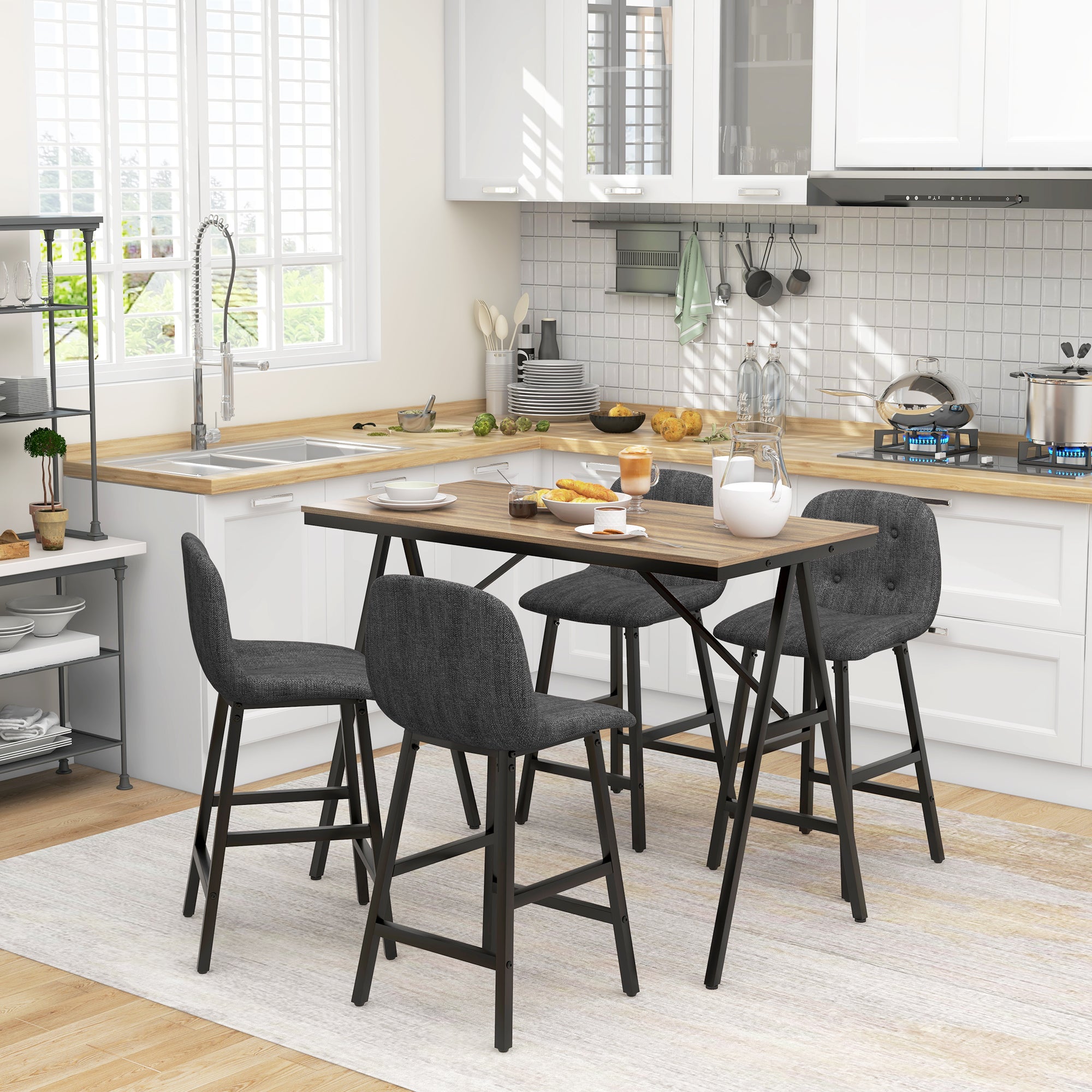 HOMCOM Bargarnitur 5-teilig, Tisch und 4 Stühle, Knopfheftung, dicke Polsterung, Leinenoptik, Dunkelgrau