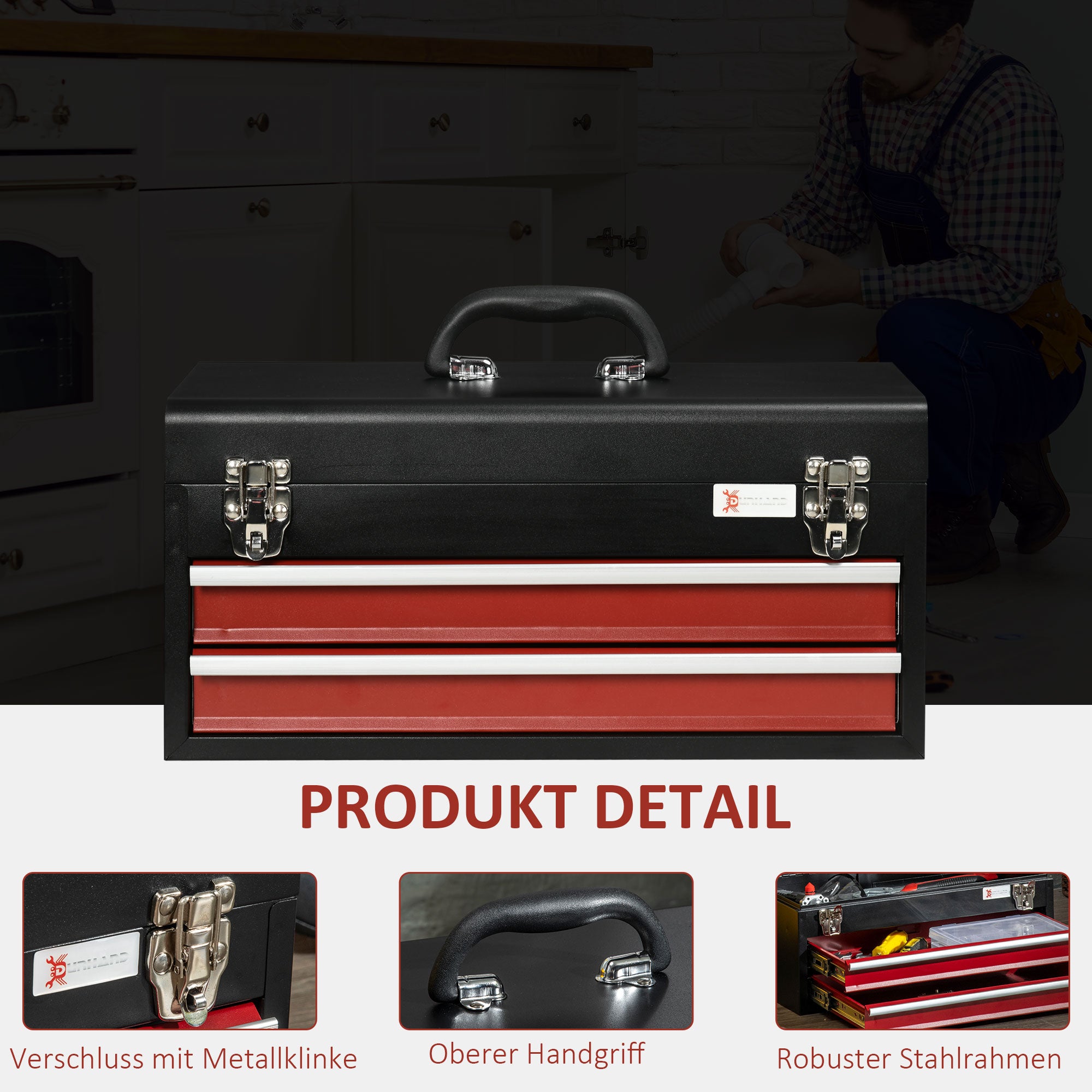 DURHAND Werkzeugkoffer, Werkzeugkasten, 2 Schubladen, abschließbar, Stahlgehäuse, schwarz+rot, 46 x 24 x 22cm