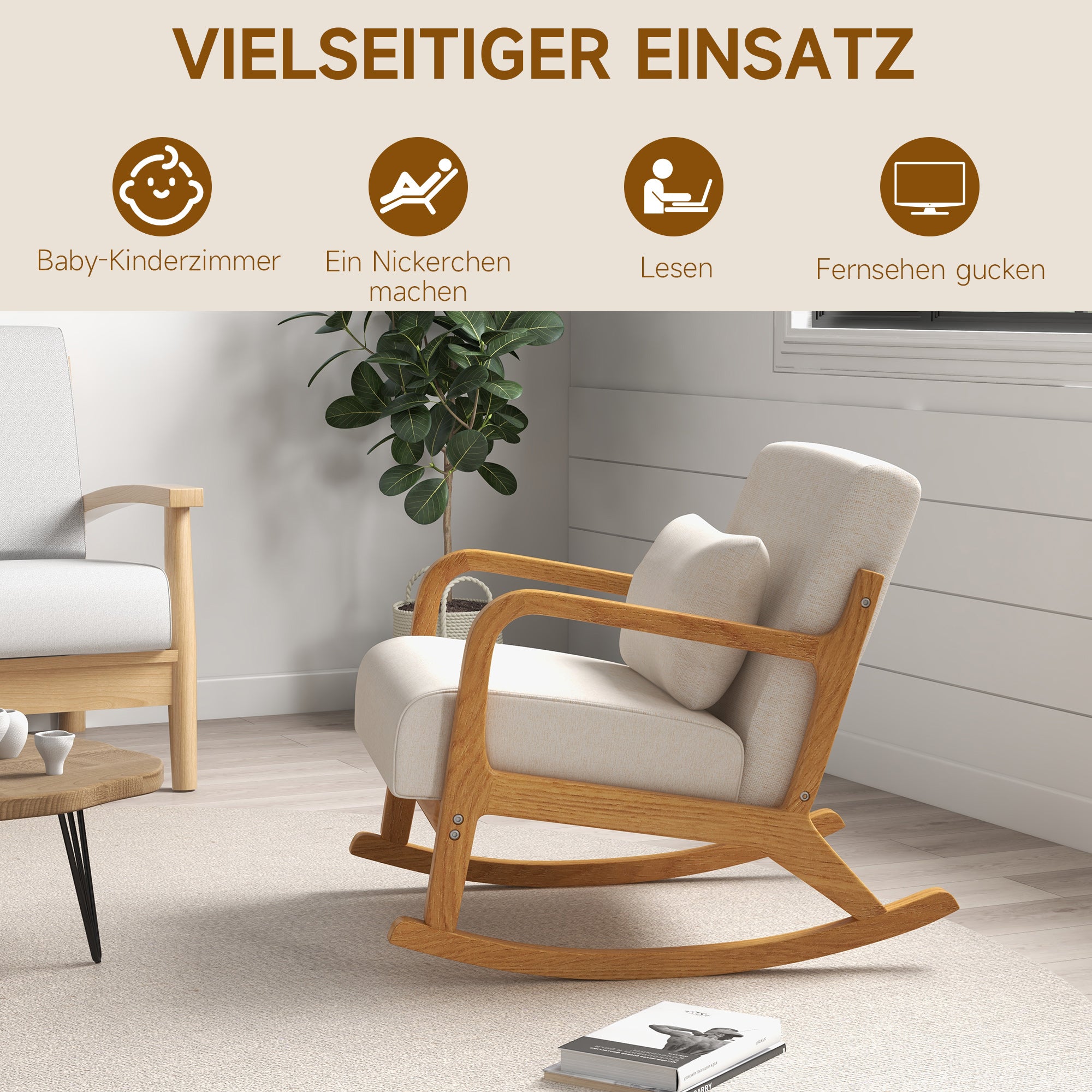 HOMCOM Schaukelstuhl im Retrodesign, Gummibaumholz, 64,5 cm x 92 cm x 81, 5 cm, Beige + Braun