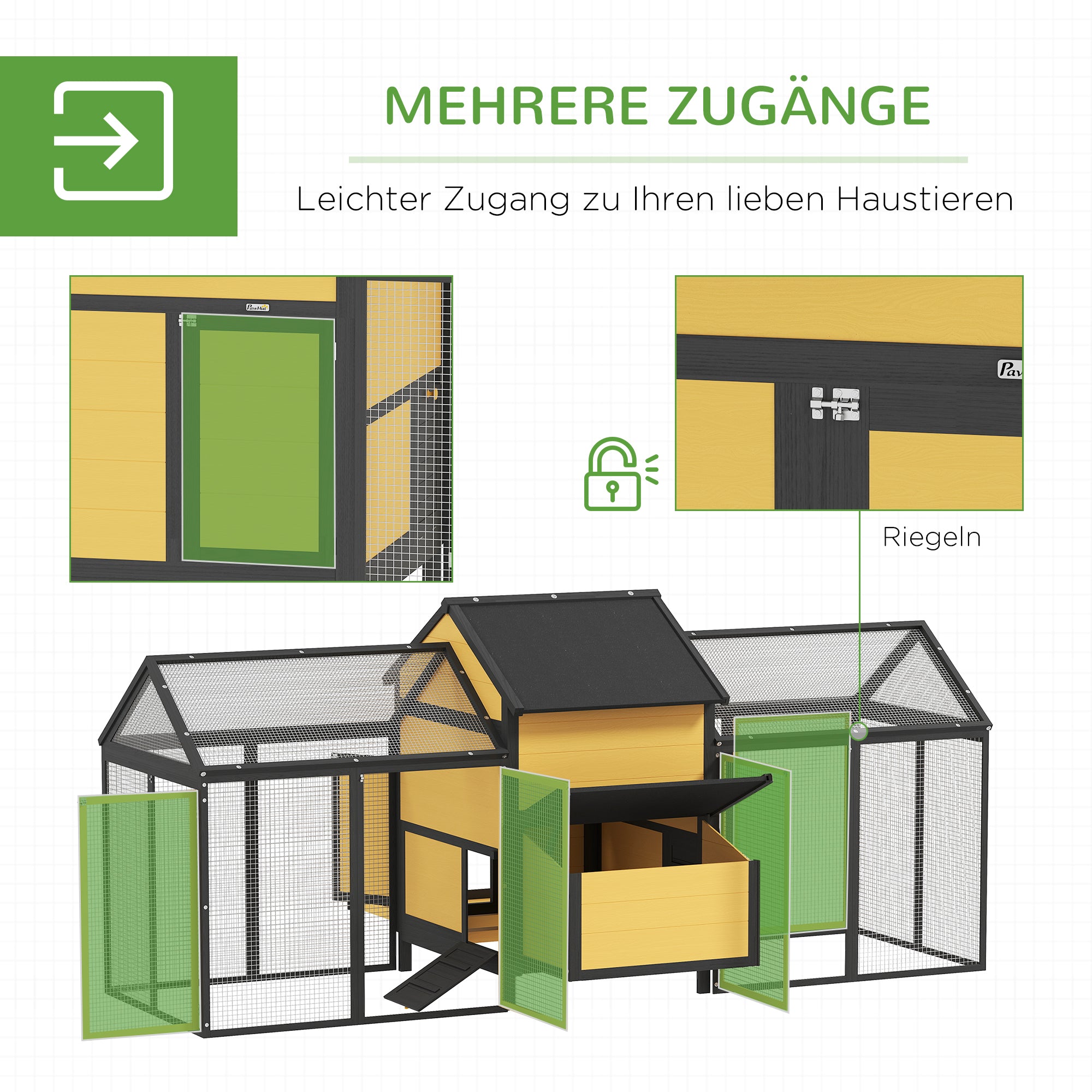 PawHut Hühnerstall Kleintierstall 2 Außengehege, 1 Nistkasten, 2 Rampen,Asphaltdach, wetterbeständig, Gelb