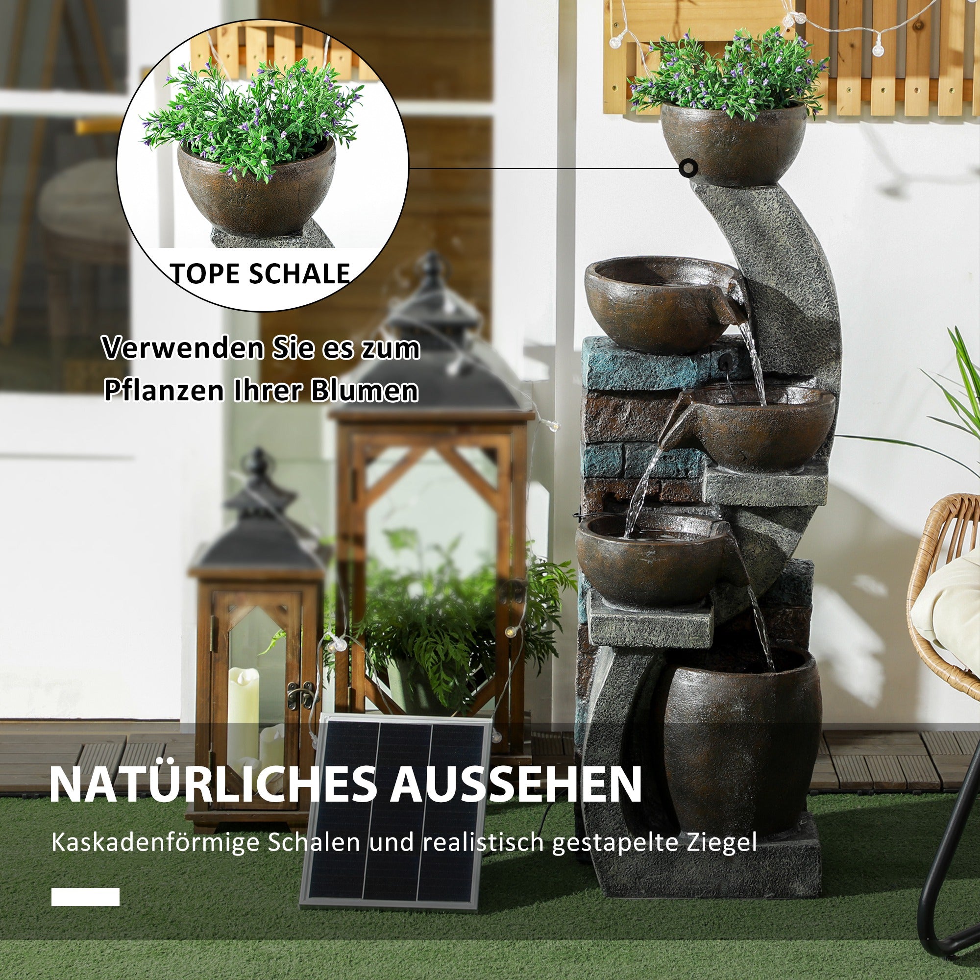 Outsunny Gartenbrunnen, Backsteinoptik, 5-stufig, Solarbetrieb, LEDs, 107cm, Kunstharz, Grau/Braun