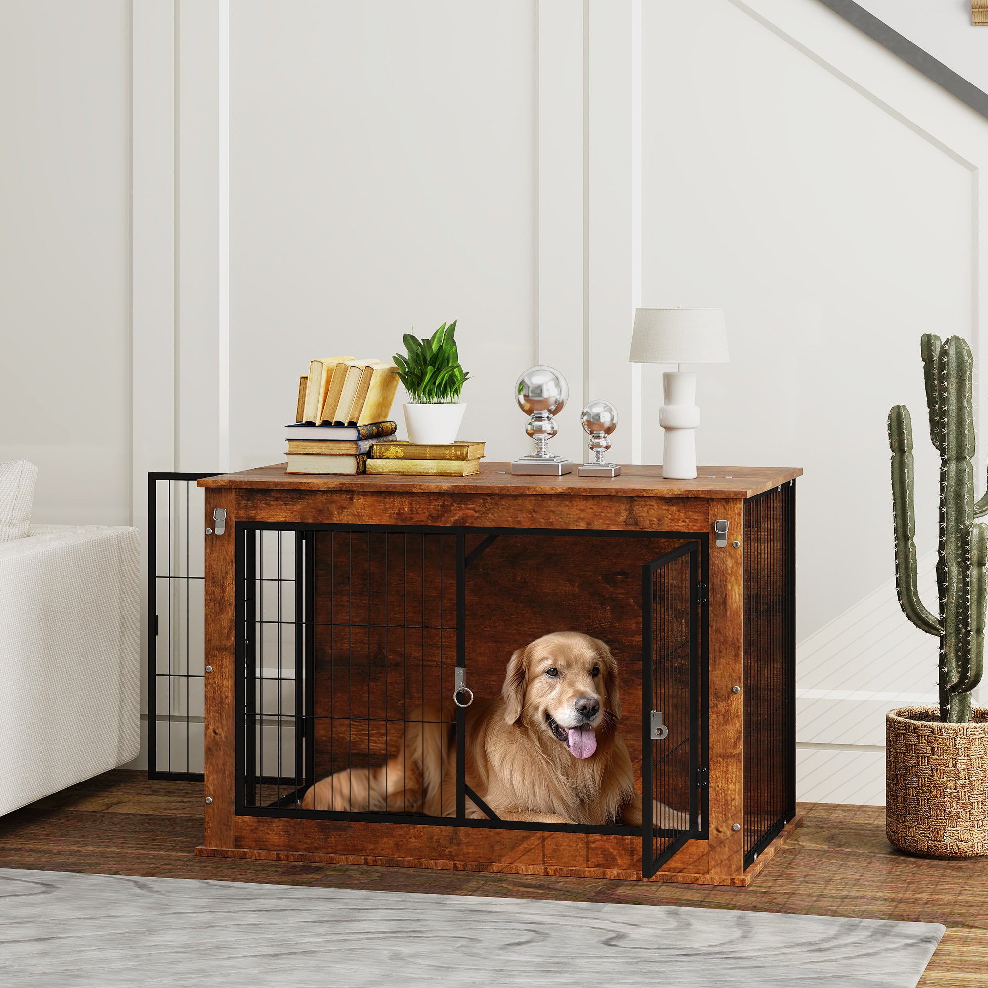 PawHut Hundebox, Transportbox für Hunde, Aufenthaltsbox, für Haustiere, 2 verschließbare Türen, 98 x 60 x 65,5 cm, Braun