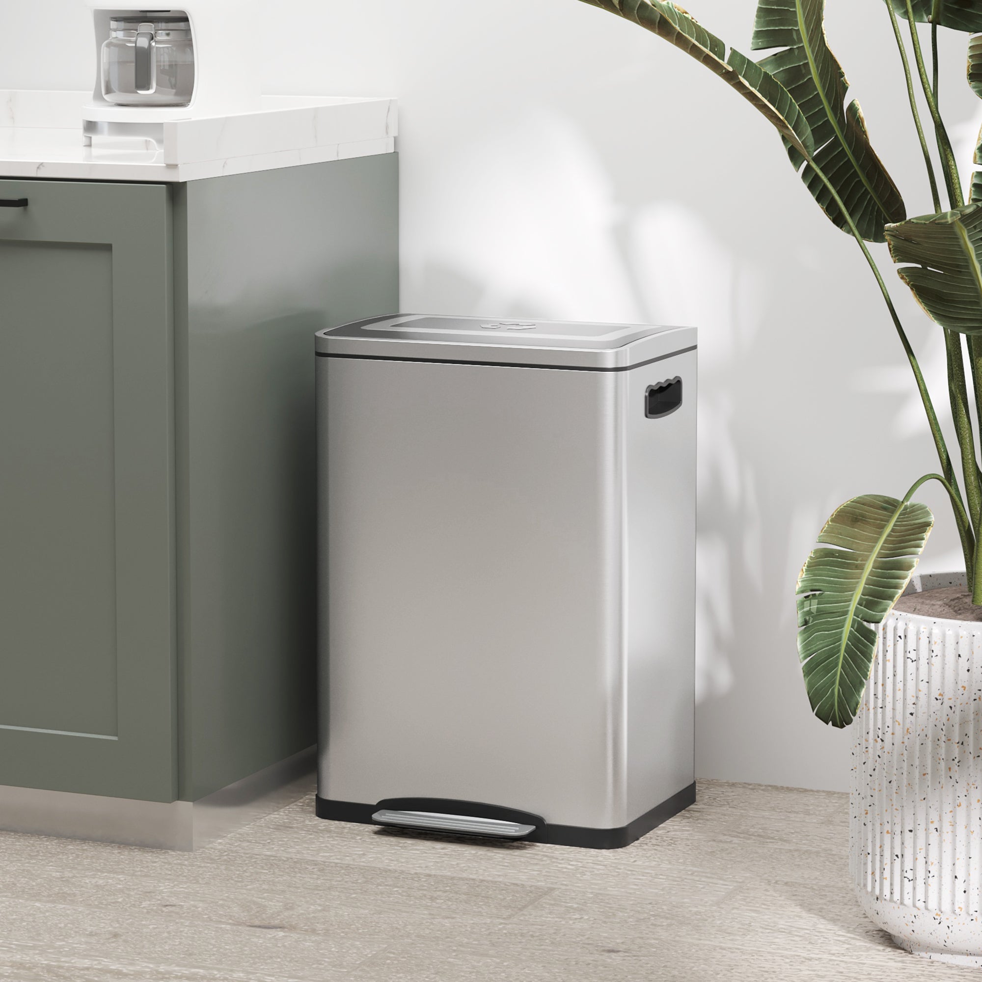 HOMCOM Mülleimer, Abfalleimer mit Deckel und Fußpedal, Edelstahl, 2x 20 Liter-Fächer, Silber