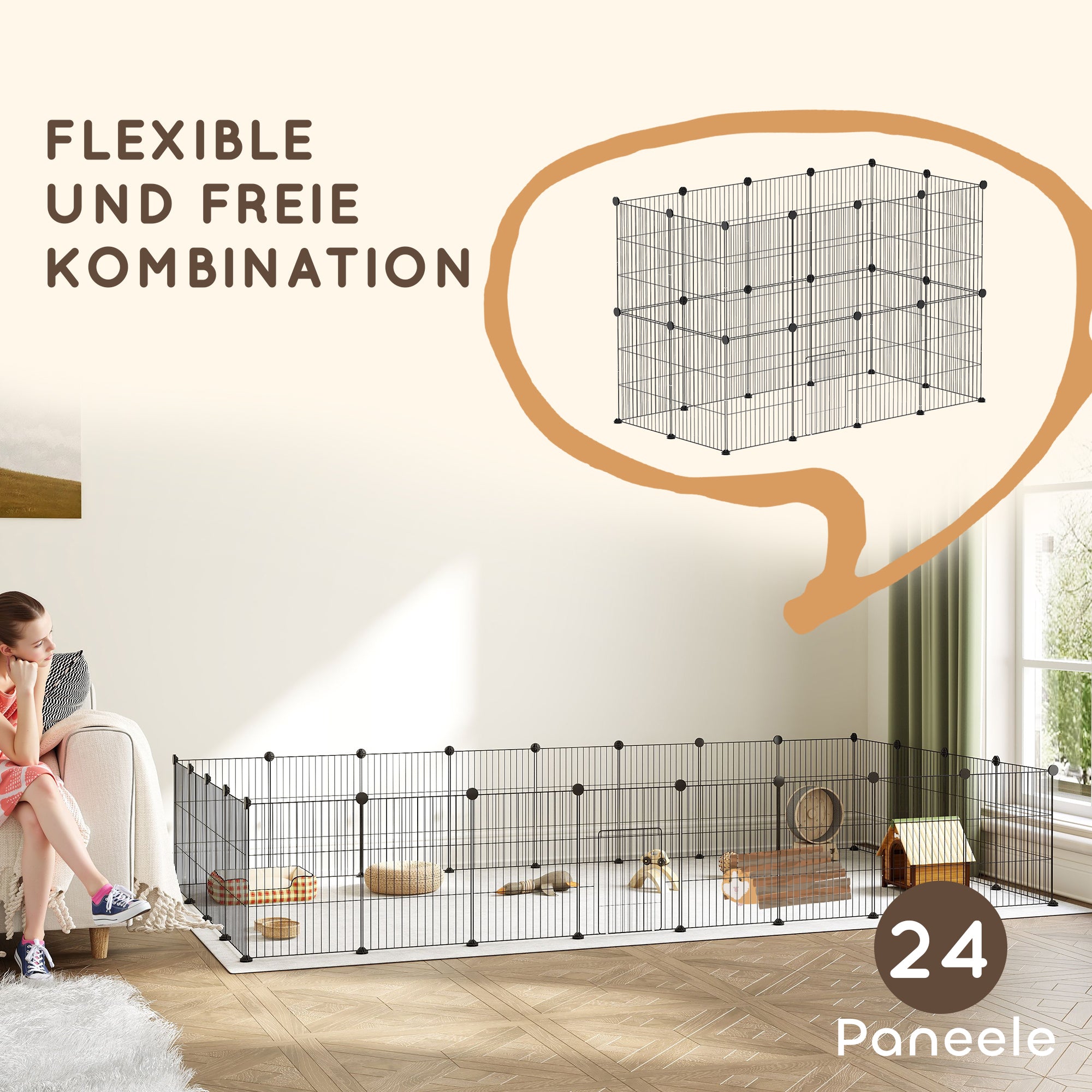 PawHut Kleintierkäfig, Außengehege, modulare Bauweise, 0,72 m² Fläche, Stahl, Schwarz