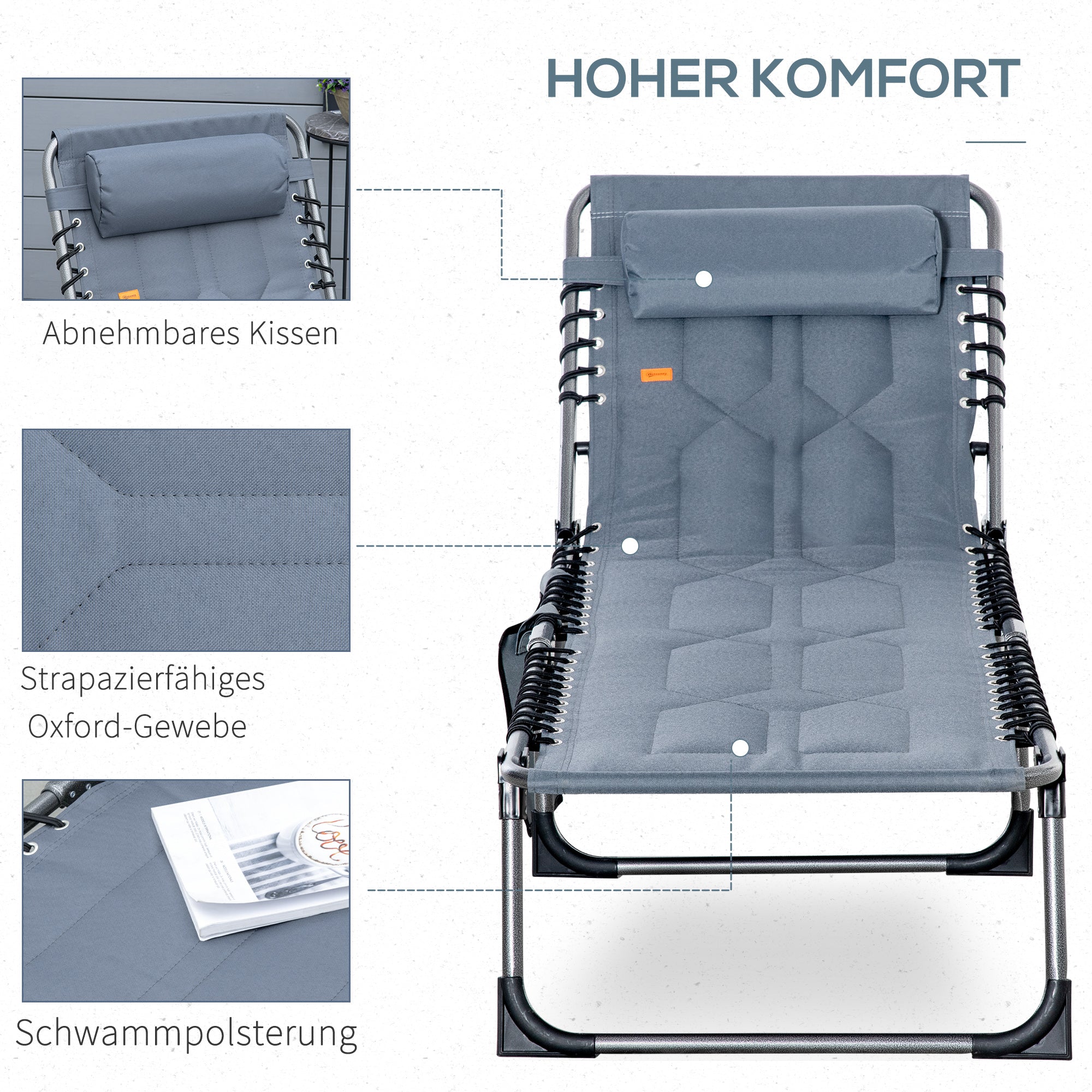 Outsunny Sonnenliege, Faltbare Gartenliege, Klappliege mit Kissen, 5-stufige Rückenlehne, Oxfordstoff, 188 x 57 x 30 cm, Grau