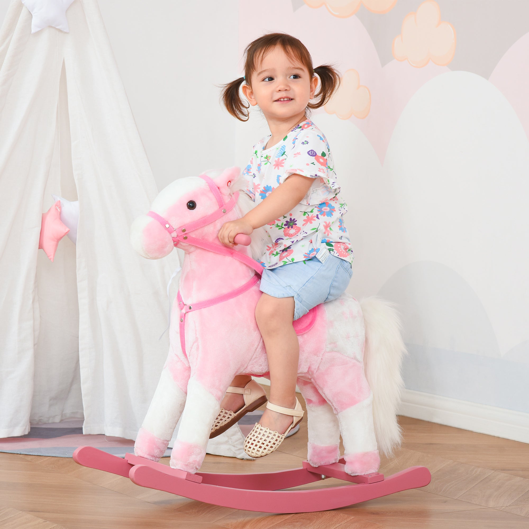 HOMCOM Kinder Schaukelpferd Schaukeltier Schaukelspielzeug Wiehern Rosa 74x28x65cm