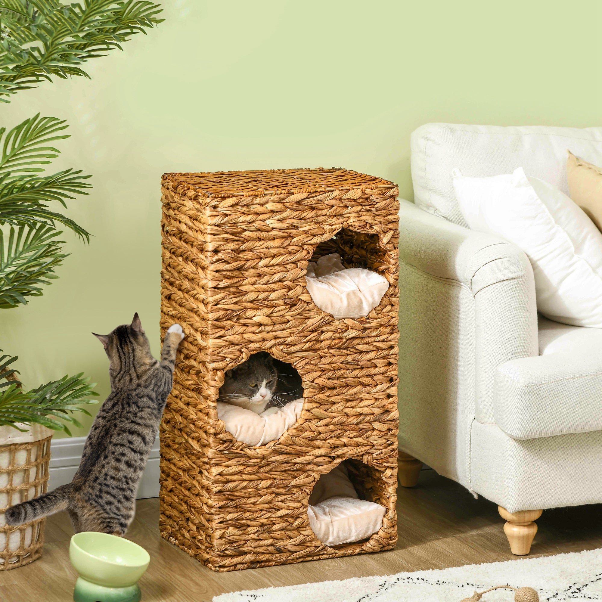 PawHut Kratztonne 76 cm mit 3 Höhlen & Kissen – Naturdesign