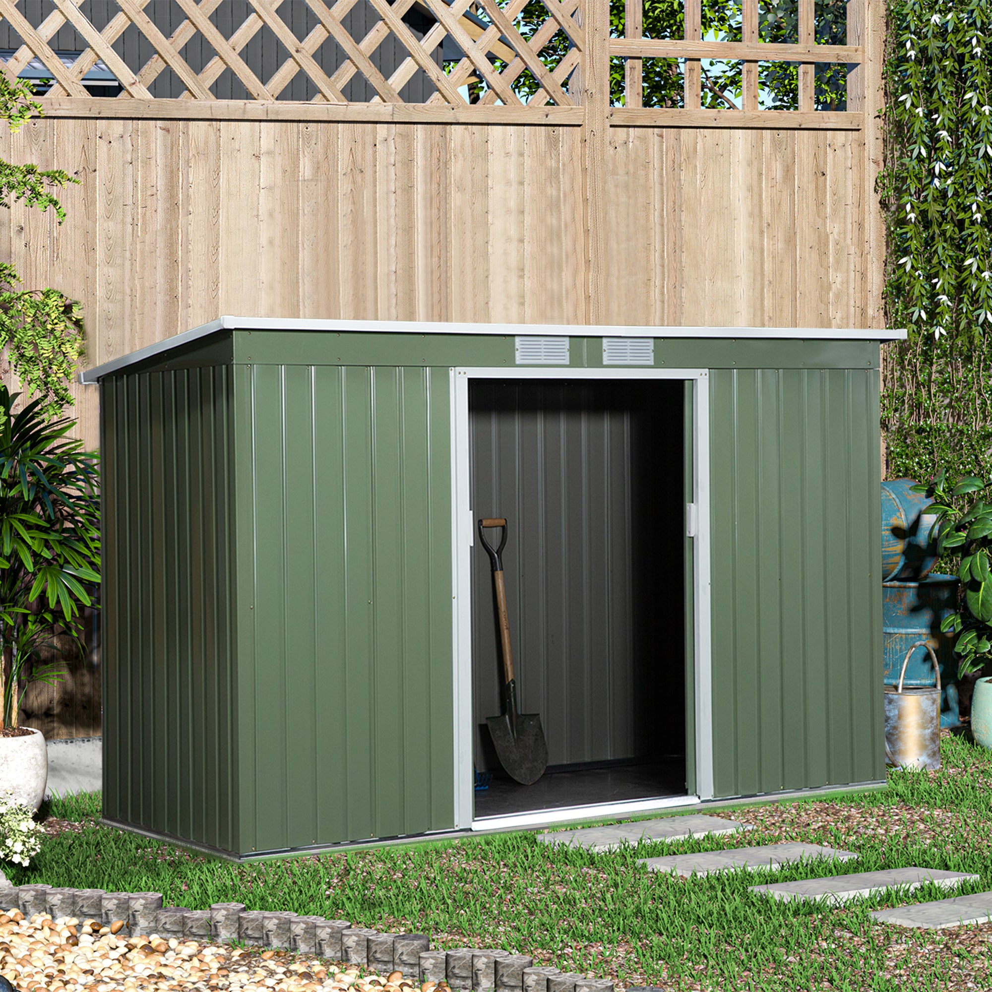 Outsunny Metall Gerätehaus 6,3m³ 280x130x172cm Geräteschuppen mit Pultdach Schiebetür wetterfest Gartenhaus Outdoor Garten Schuppen Schrank für Hinterhof Außenbereich Anthrazit, Hellgrün