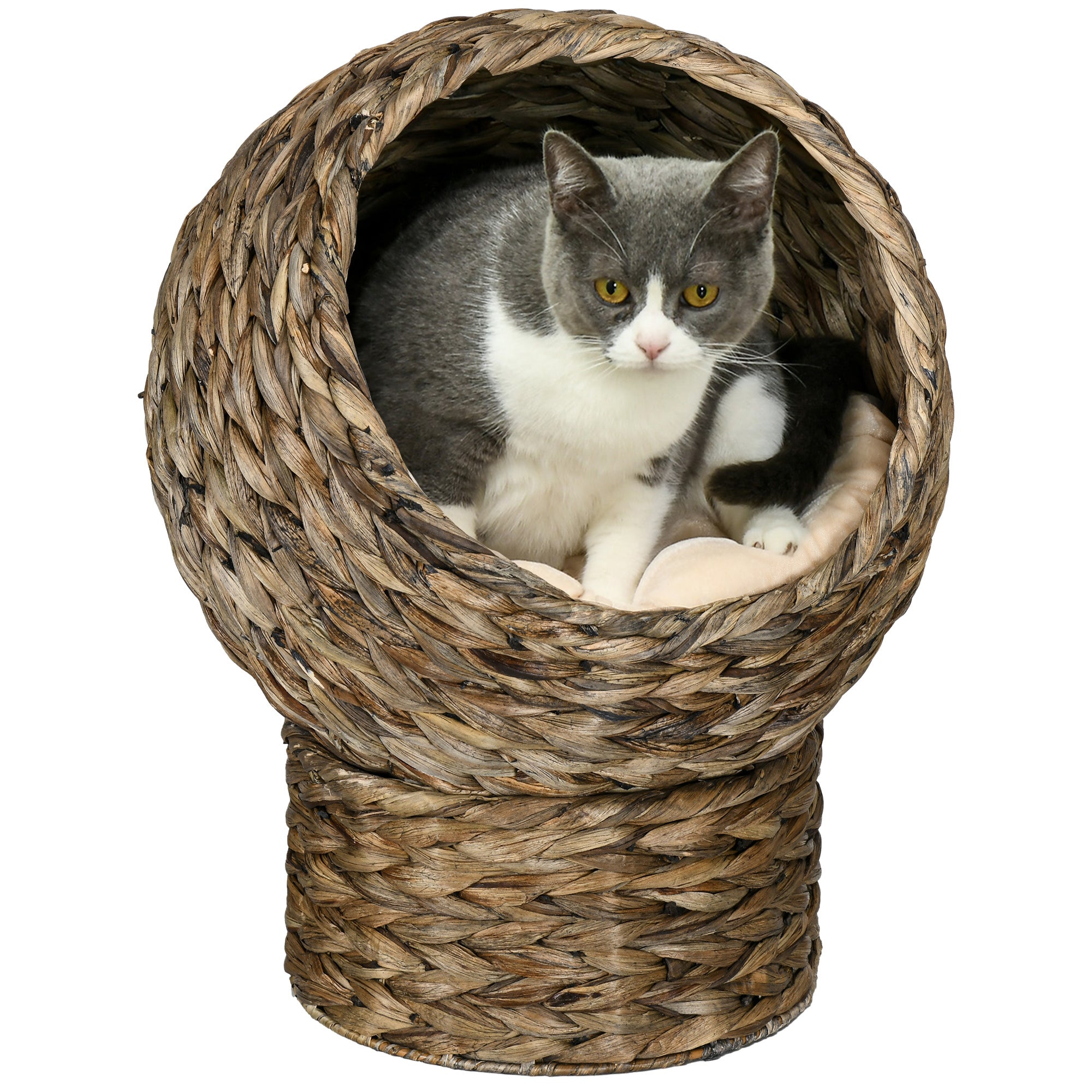 PawHut Rattan Katzenkorb Katzenhöhle Katzenhütte Katzenbett mit Kissen Haustierbett Wasserhyazinthe Kaffee 42 x 33 x 52 cm