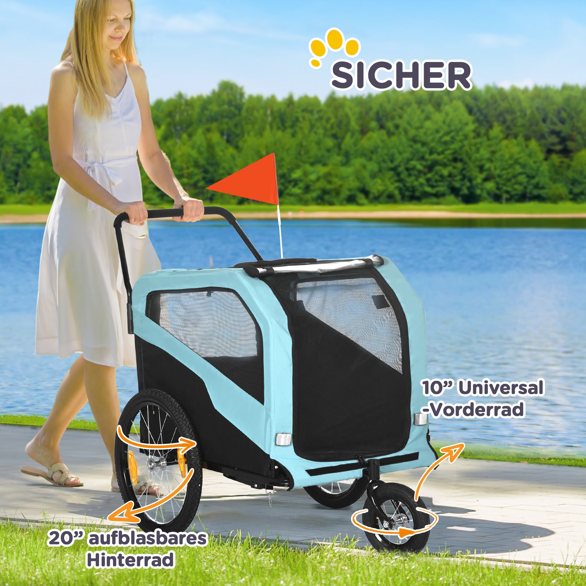 PawHut 2-in-1 Hundeanhänger Hundewagen Fahrradanhänger bis 30kg klappbar Schiebefunktion 2 Eingänge Netzfenster Sonnenschutz Stahlrahmen hellblau 170 x 77 x 90 cm