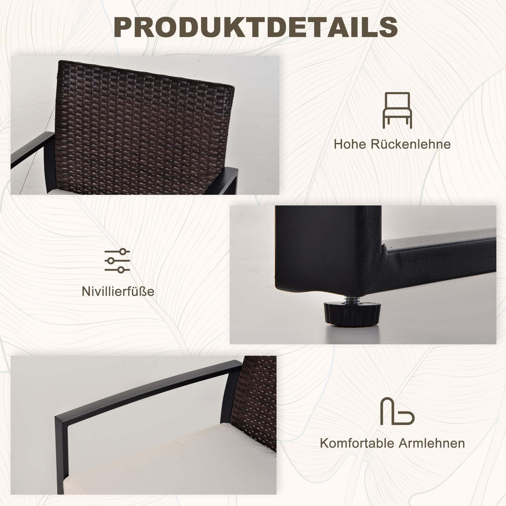 Outsunny Polyrattan Gartenset für 2 Personen Balkonmöbel Set mit Kissen Braun+Creme