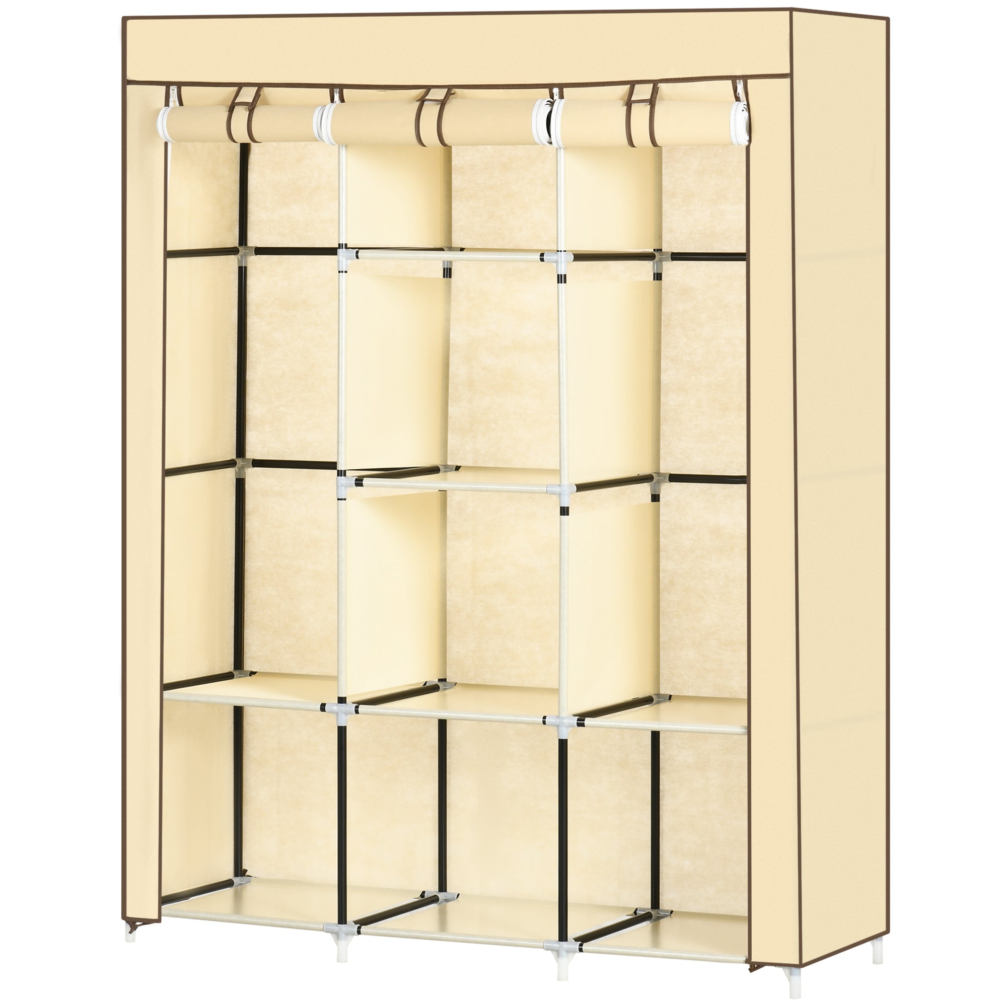 HOMCOM Schrank aus Stoff, Aufbewahrungslösung, 8 Regale, 2 Kleiderstangen, Beige