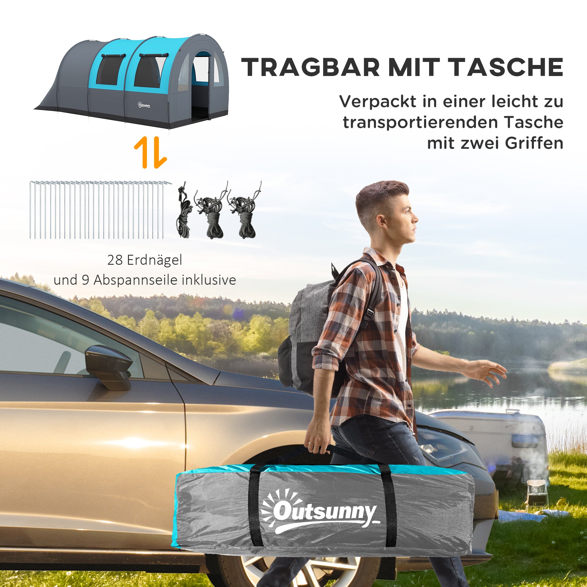 Outsunny Campingzelt bis 6 Pers., Familienzelt, separate Bereiche, wasserdicht, Grau/Blau