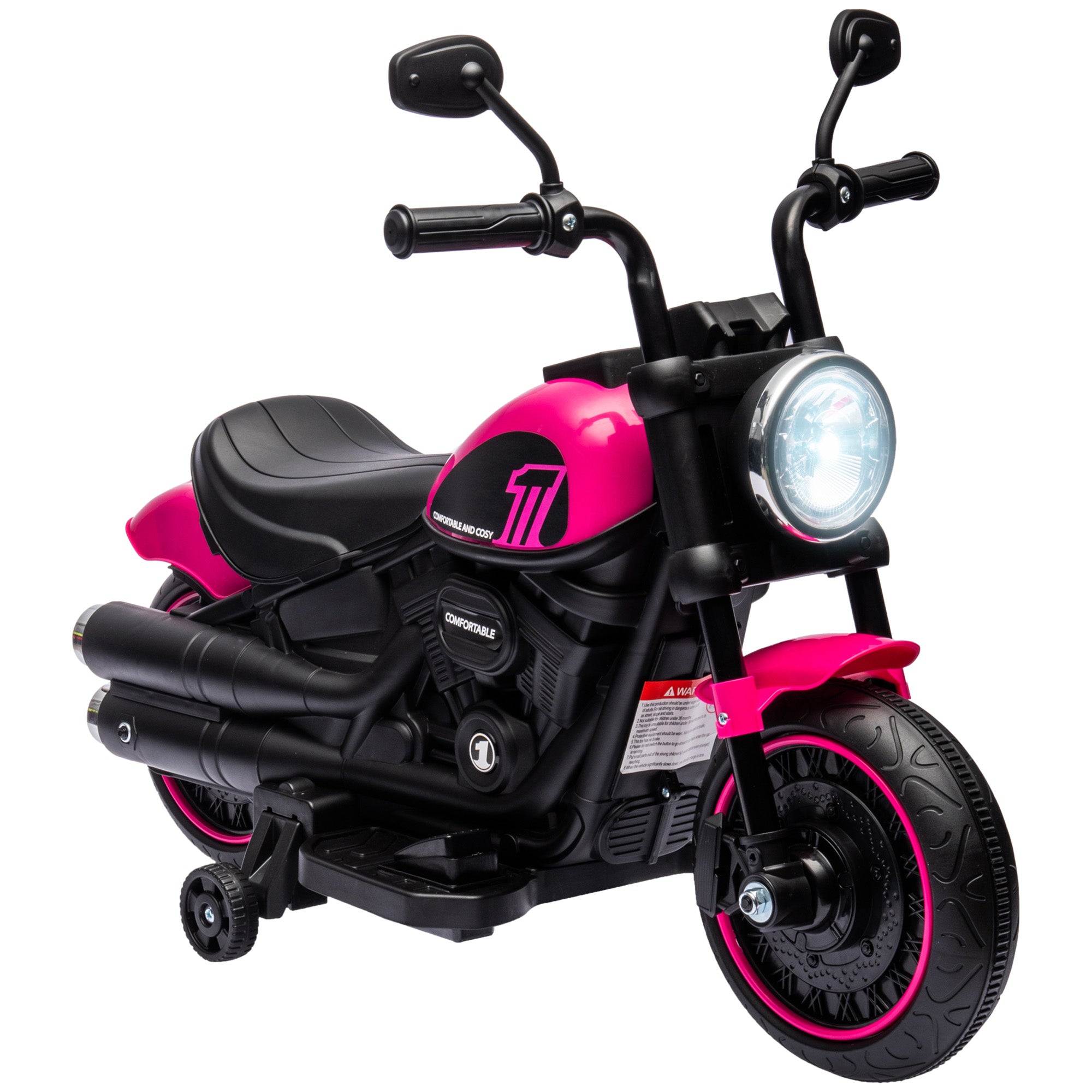 HOMCOM Elektro-Kindermotorrad mit Stützrädern, Scheinwerfer, 1,5 bis 3 km/h, für Kinder 1,5 bis 3 Jahren, pink