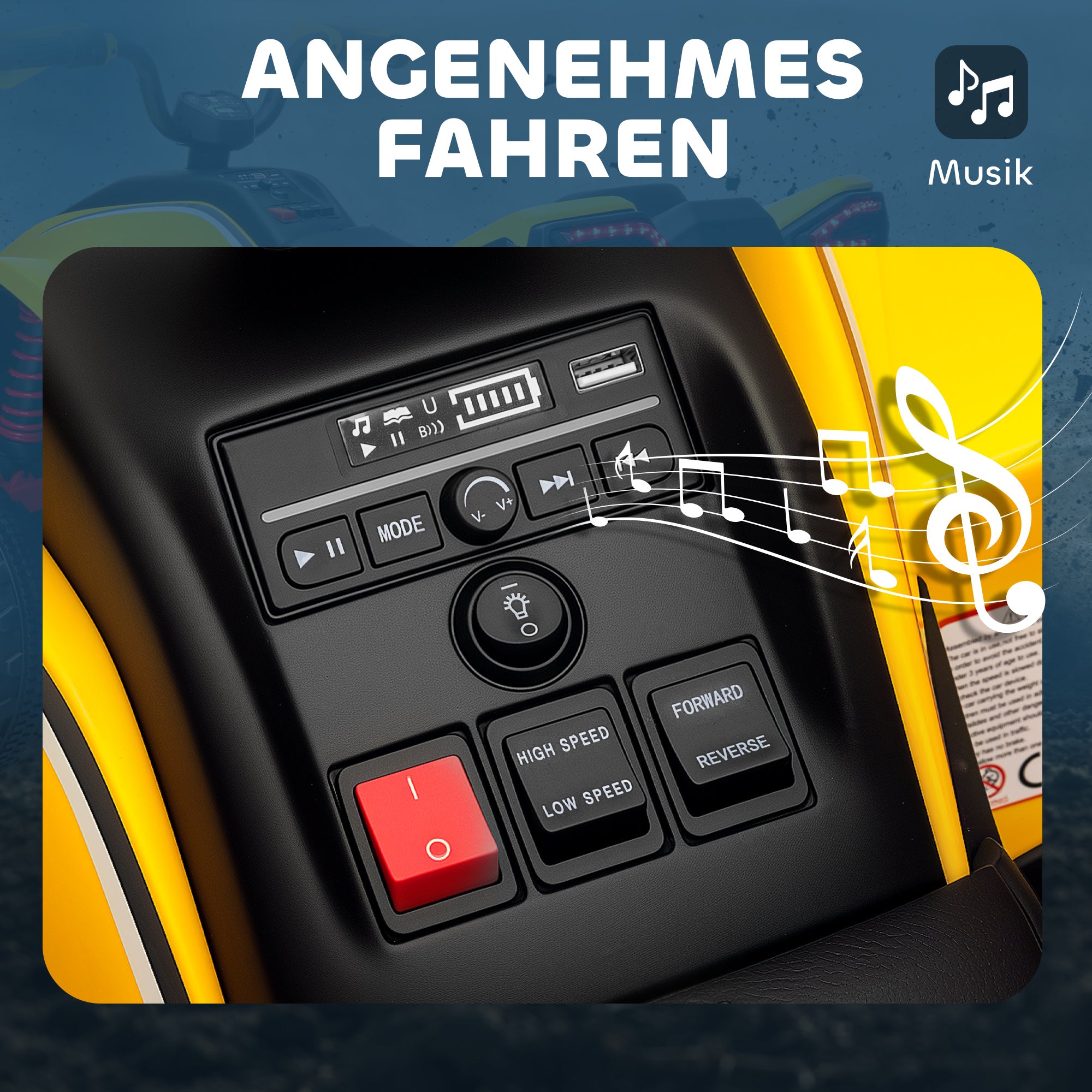 AIYAPLAY Elektroquad für Kinder, 3-6 km/h, LED-Scheinwerfer, Musik, USB, für 3-8 Jahre, Gelb