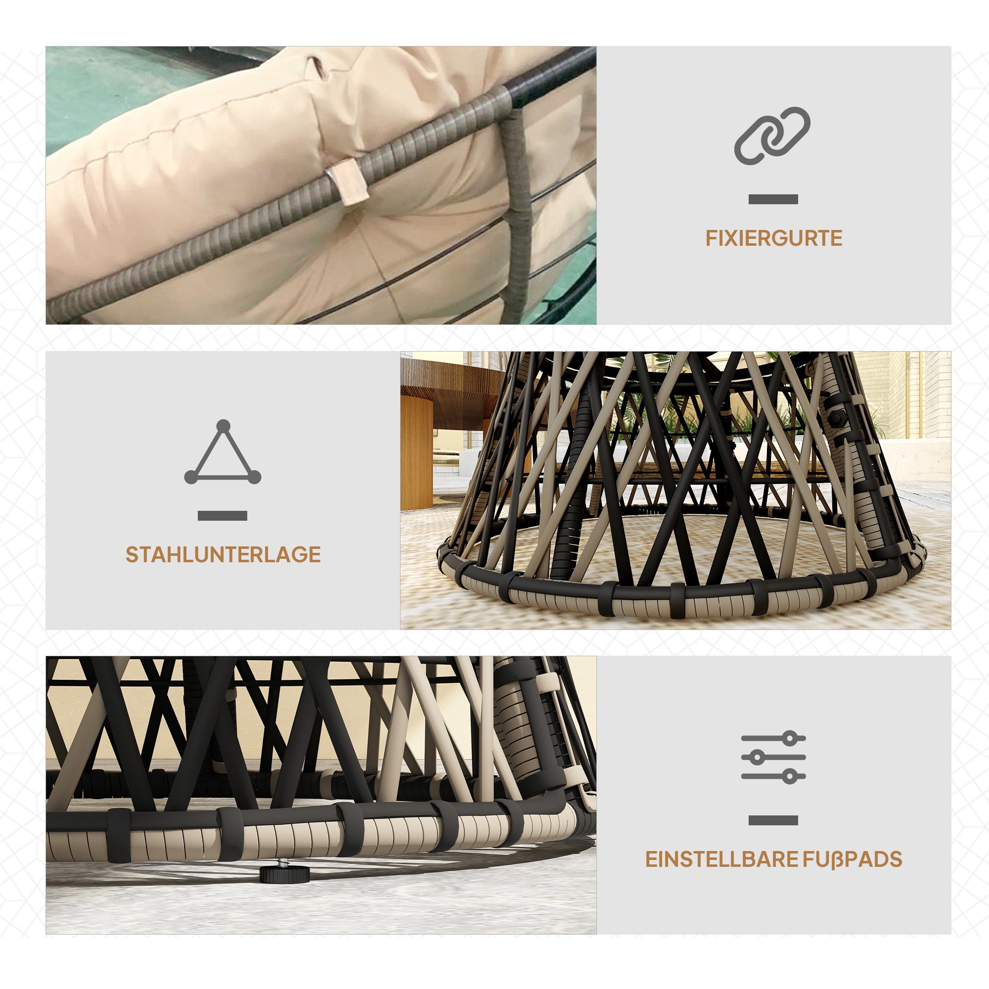 Outsunny Papasansessel Rattan 360° drehbar Korbsessel mit Kissen Durchmesser 90 cm runder Beige