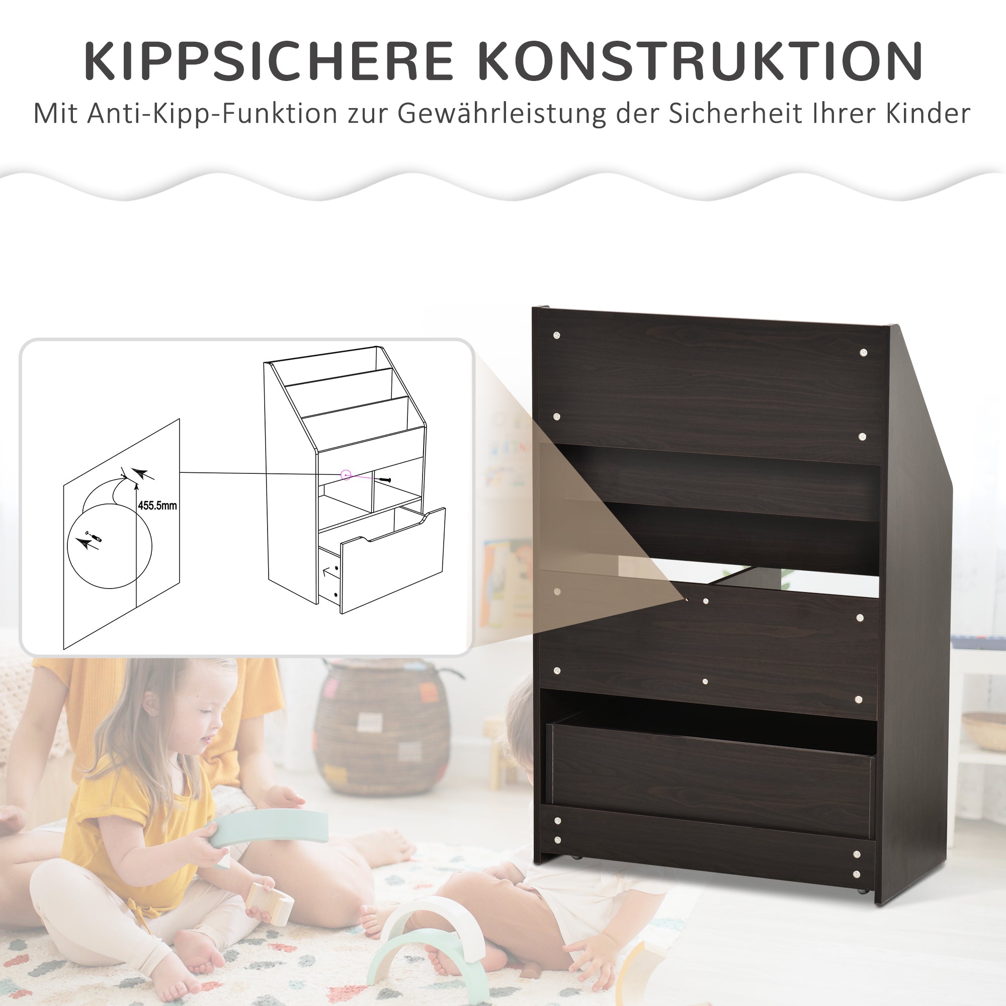 HOMCOM Kinderregal mit Schublade, Bücherregal mit Fächern, 60 x 29,9 x 90 cm, Grau