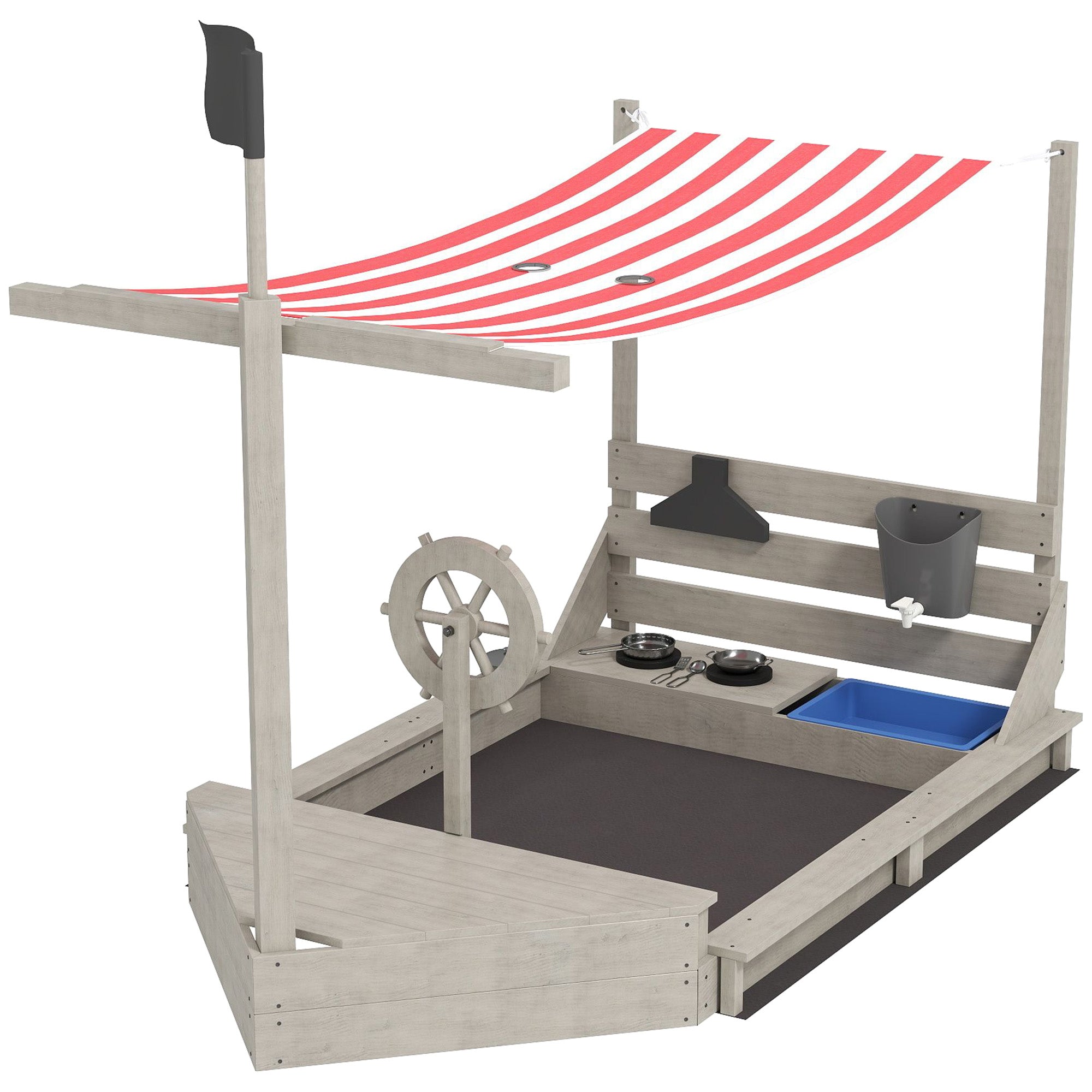 Outsunny Sandkasten mit Sonnendach Piratenschiff, inkl. Kinderküchenspielset, Massivholz, 180 x 103 x 144,5 cm, Grau