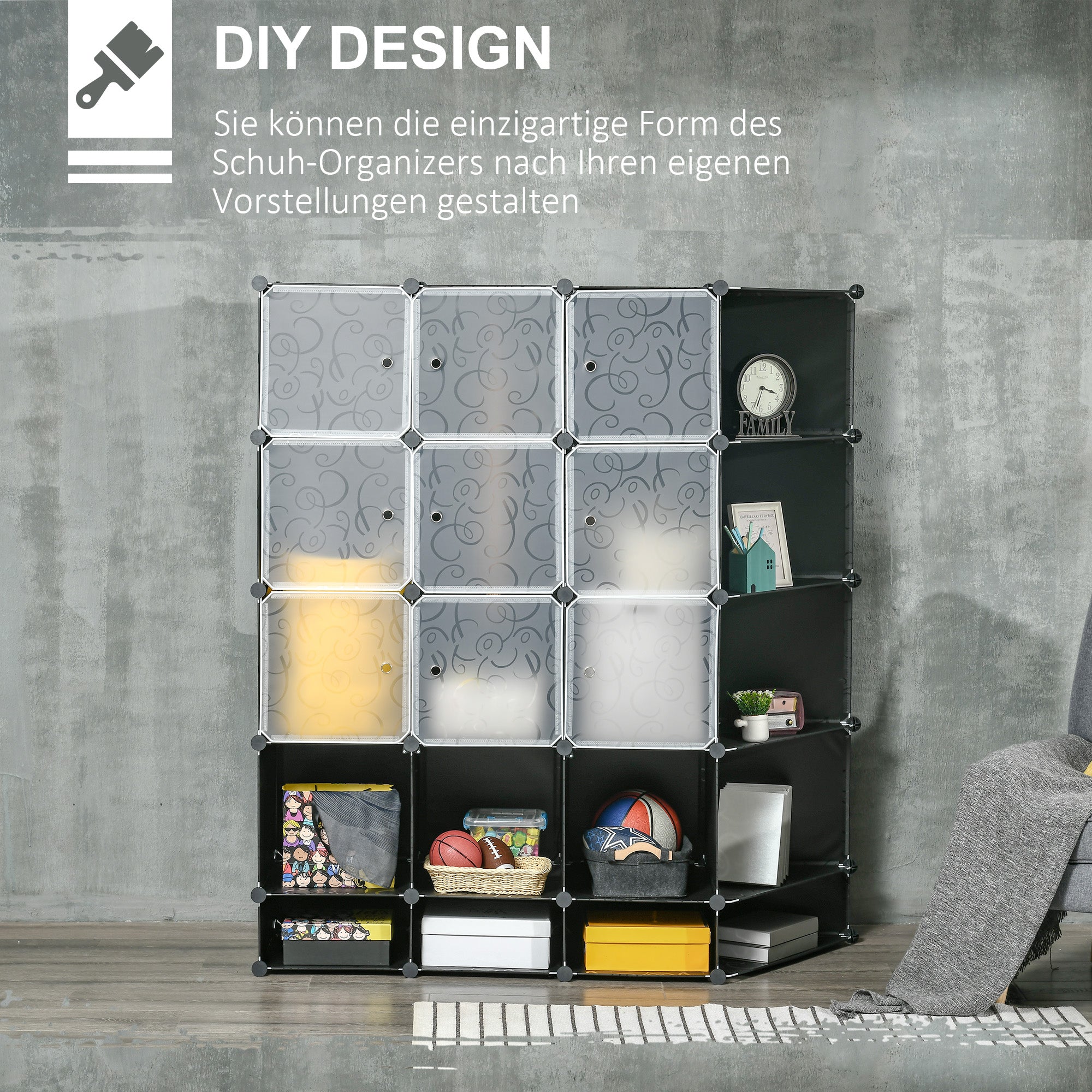 HOMCOM Modularer Aufbewahrungsschrank, Kleiderschrank, 16 Fächer, Kunststoff, Stahl