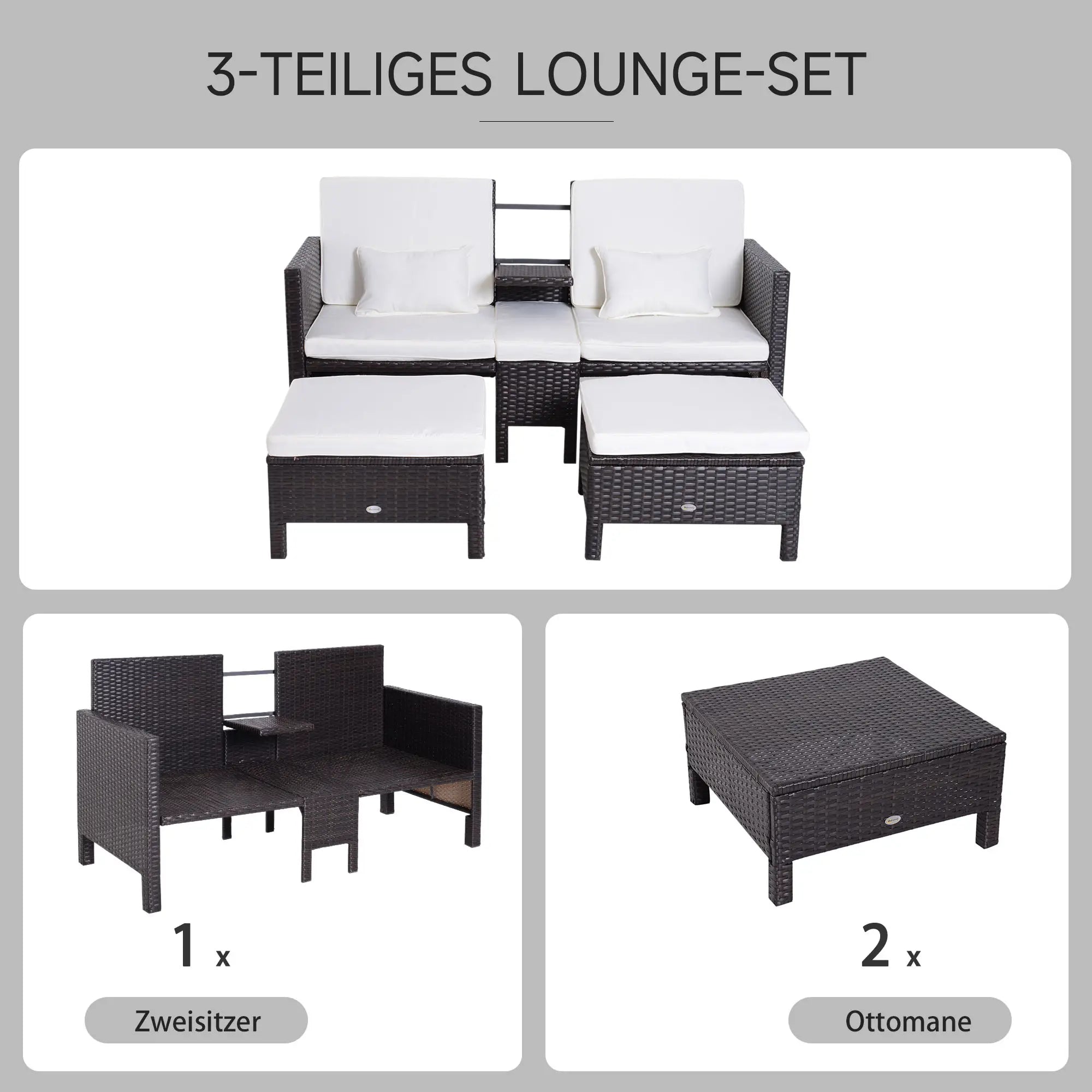 Outsunny Polyrattan Gartensofa-Set 3-teilig mit Hocker Kissen Outdoor