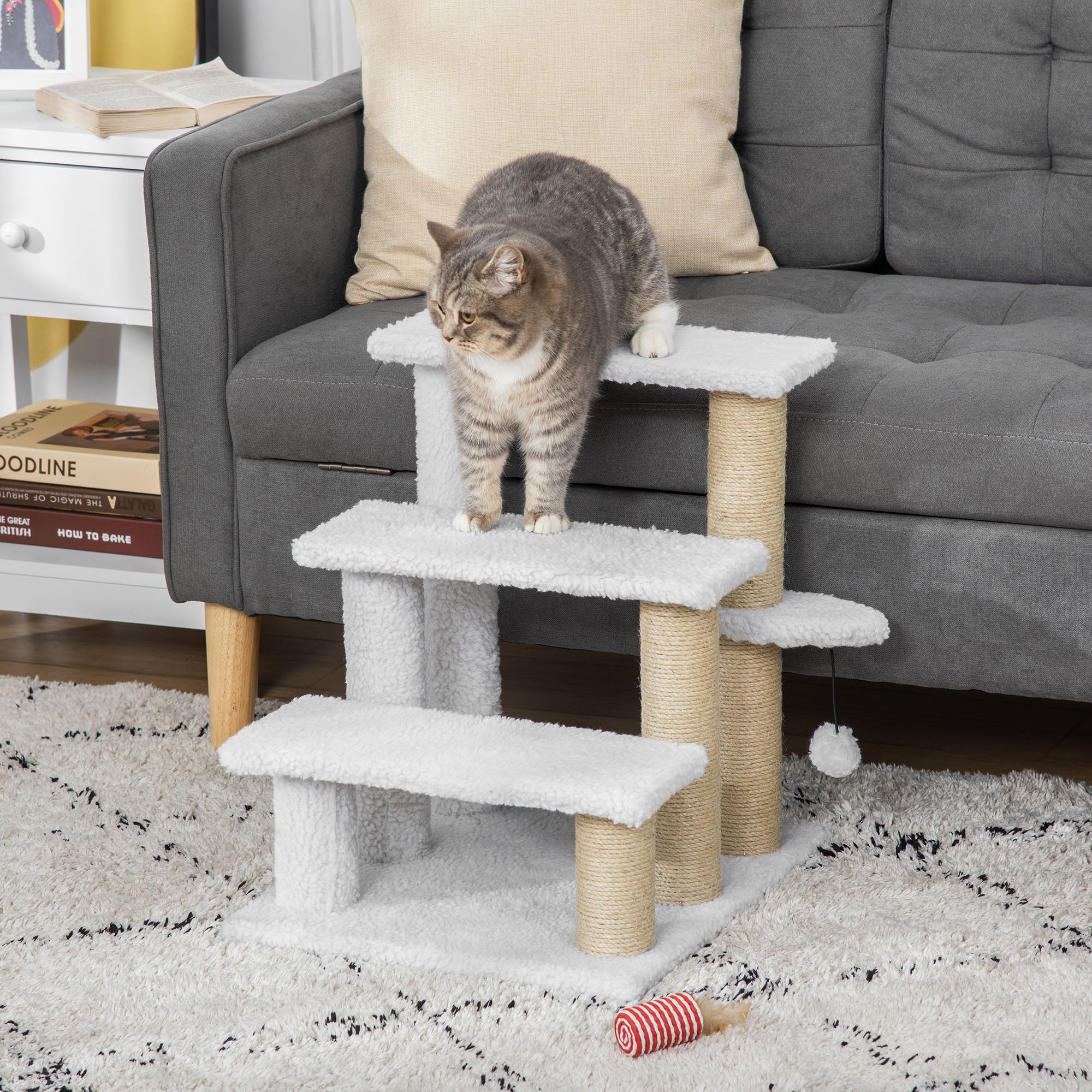 PawHut 3-stufige Haustiertreppe mit Kratzsäulen & Spielball