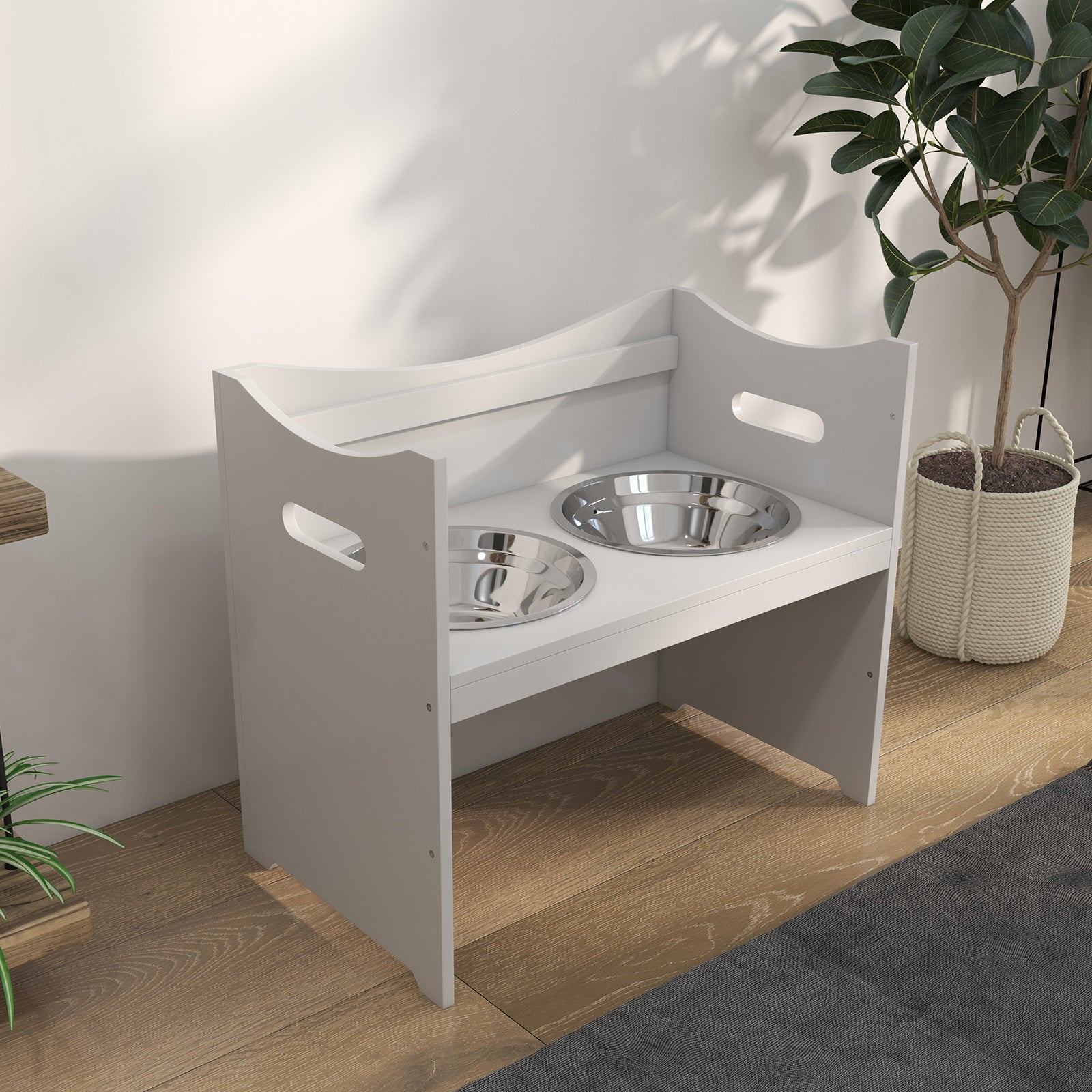 PawHut Futterstation für Hunde, 2 Edelstahlnäpfe, höhenverstellbar, 54x31,5x47cm, Weiß