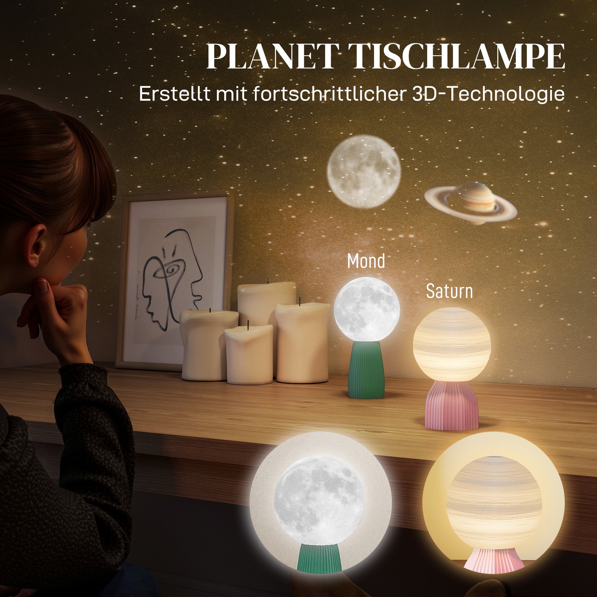 HOMCOM Tischlampen-Set in Planeten-Optik, 3-farbig, USB, Kunststoff, Weiß