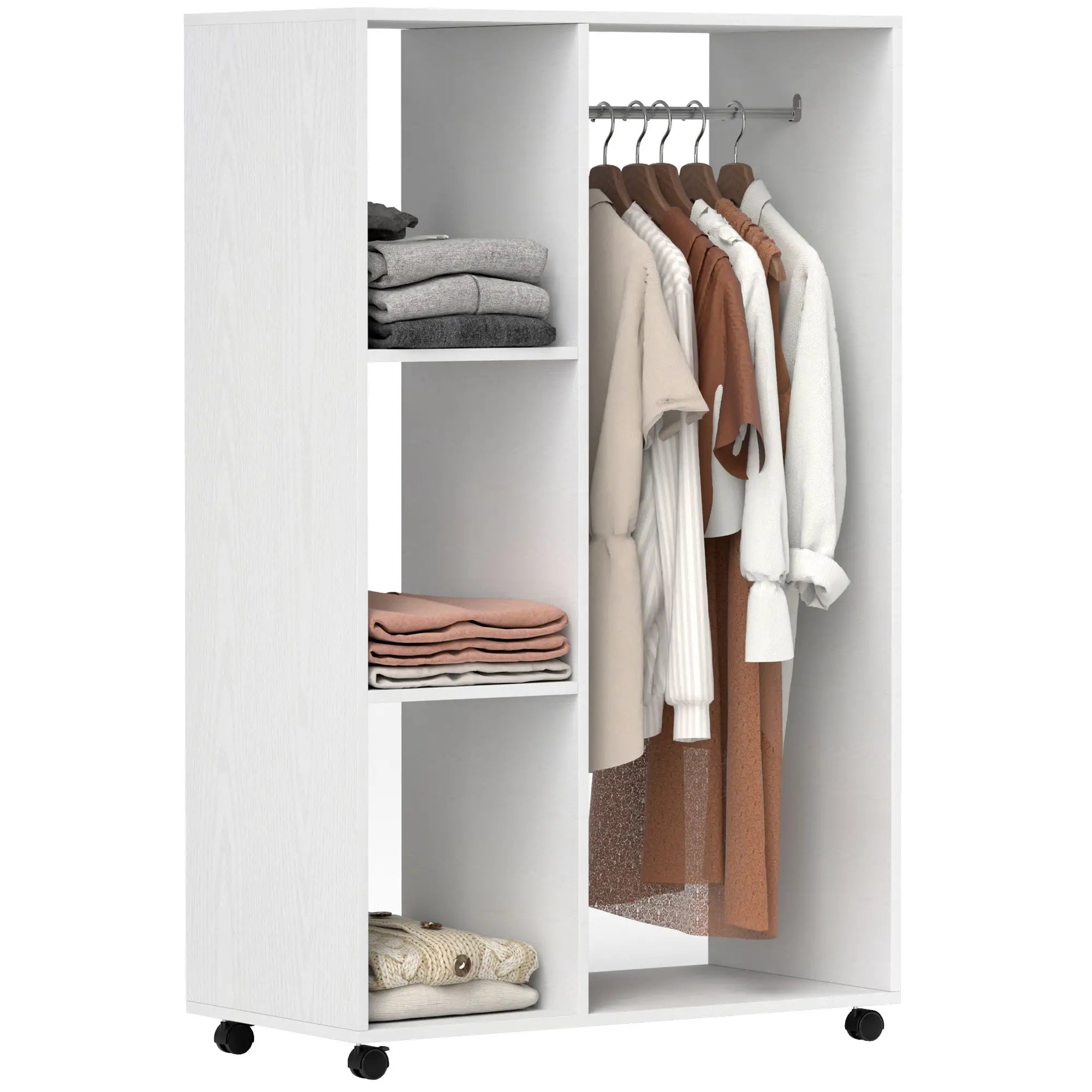 HOMCOM Kleiderschrank auf Rollen, mobile Garderobe, Garderobenschrank, Rollbarer Kleiderständer, 80 x 40 x 128 cm, Weiß