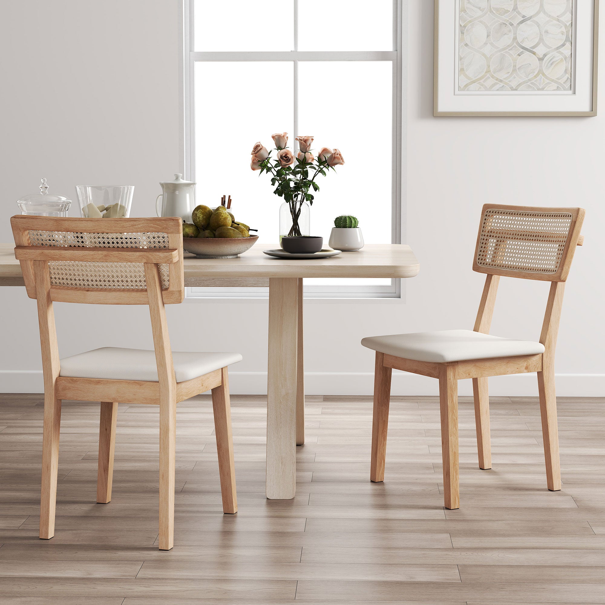 HOMCOM Esszimmerstuhl, Rattan-Rückenlehne, Kunstleder-Sitz, Kautschukholz, Naturholz