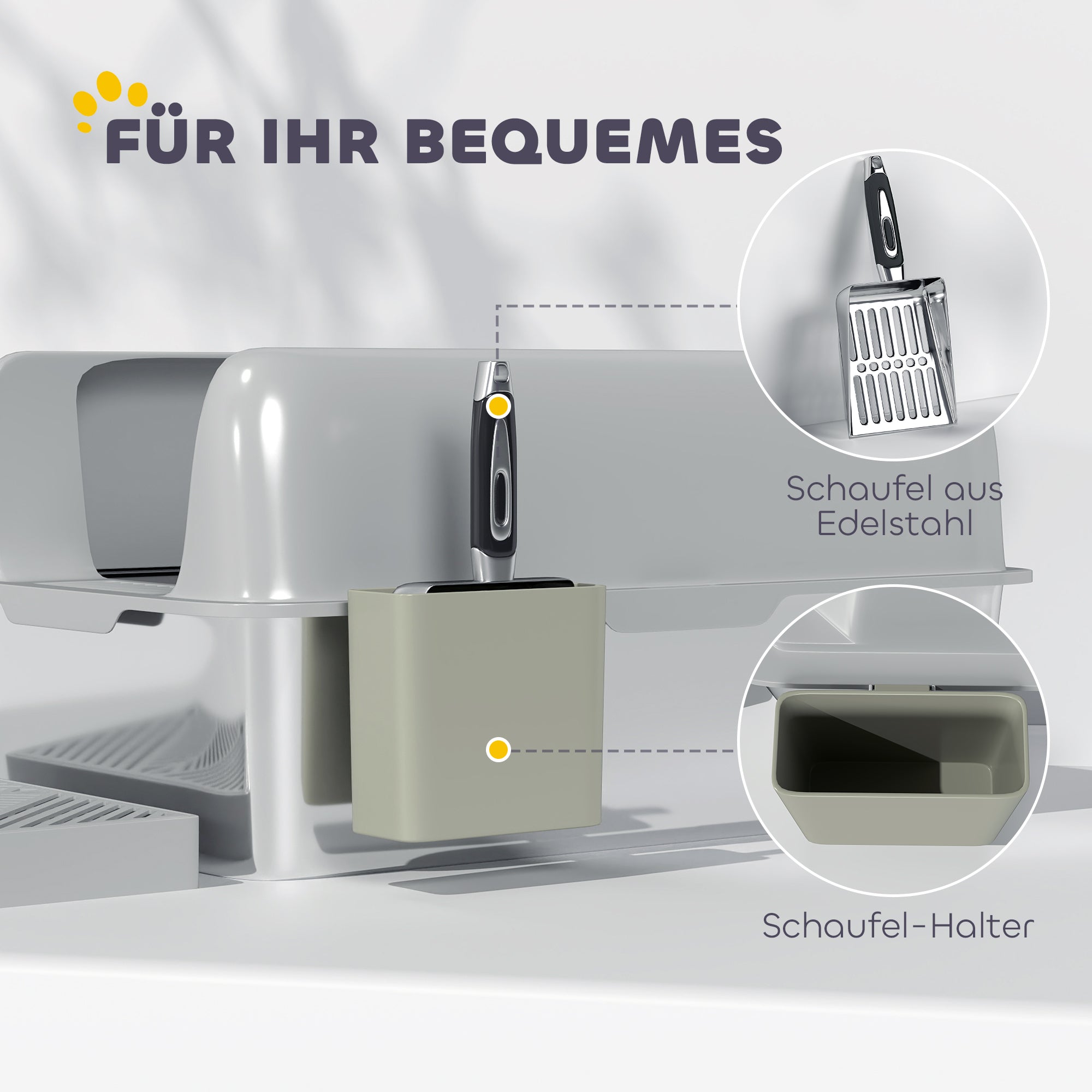 PawHut Katzentoilette, Katzenklo, Edelstahl, hohe Wände, Aufbewahrungsbox, Hellgrau