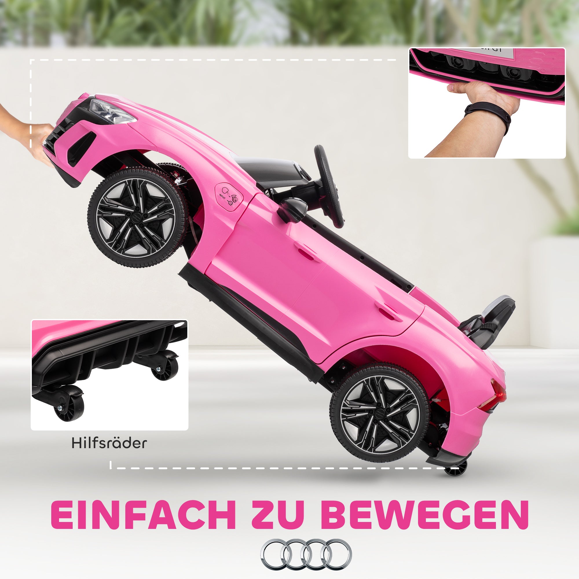 HOMCOM Kinder-Elektroauto mit Fernbedienung, Sicherheitsgurt, Hupe, Musik, Scheinwerfer, bis 5 km/h, 3-5 Jahre, Rosa
