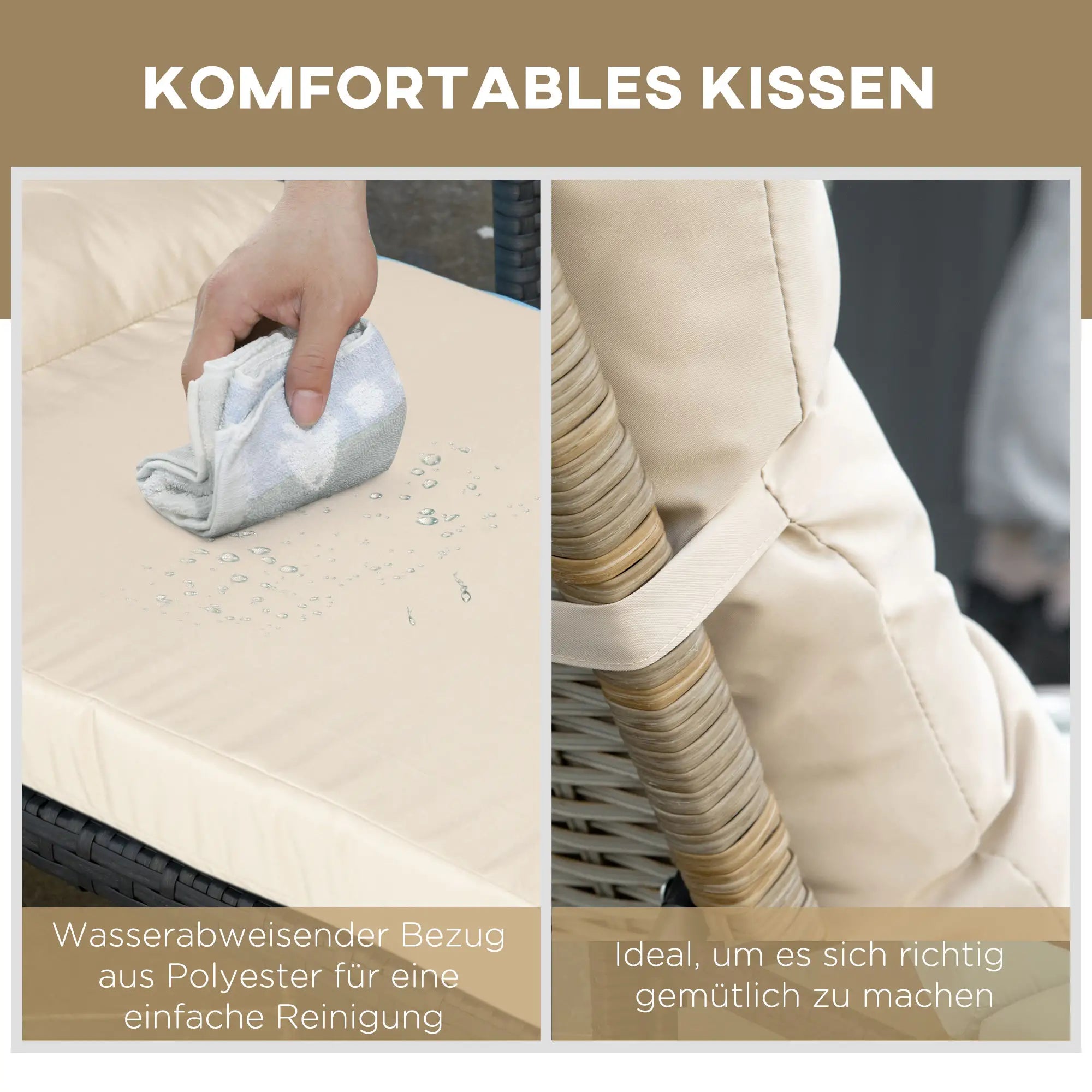 Outsunny Polyrattan Sonnenliege mit Kissen, Natur+Khaki