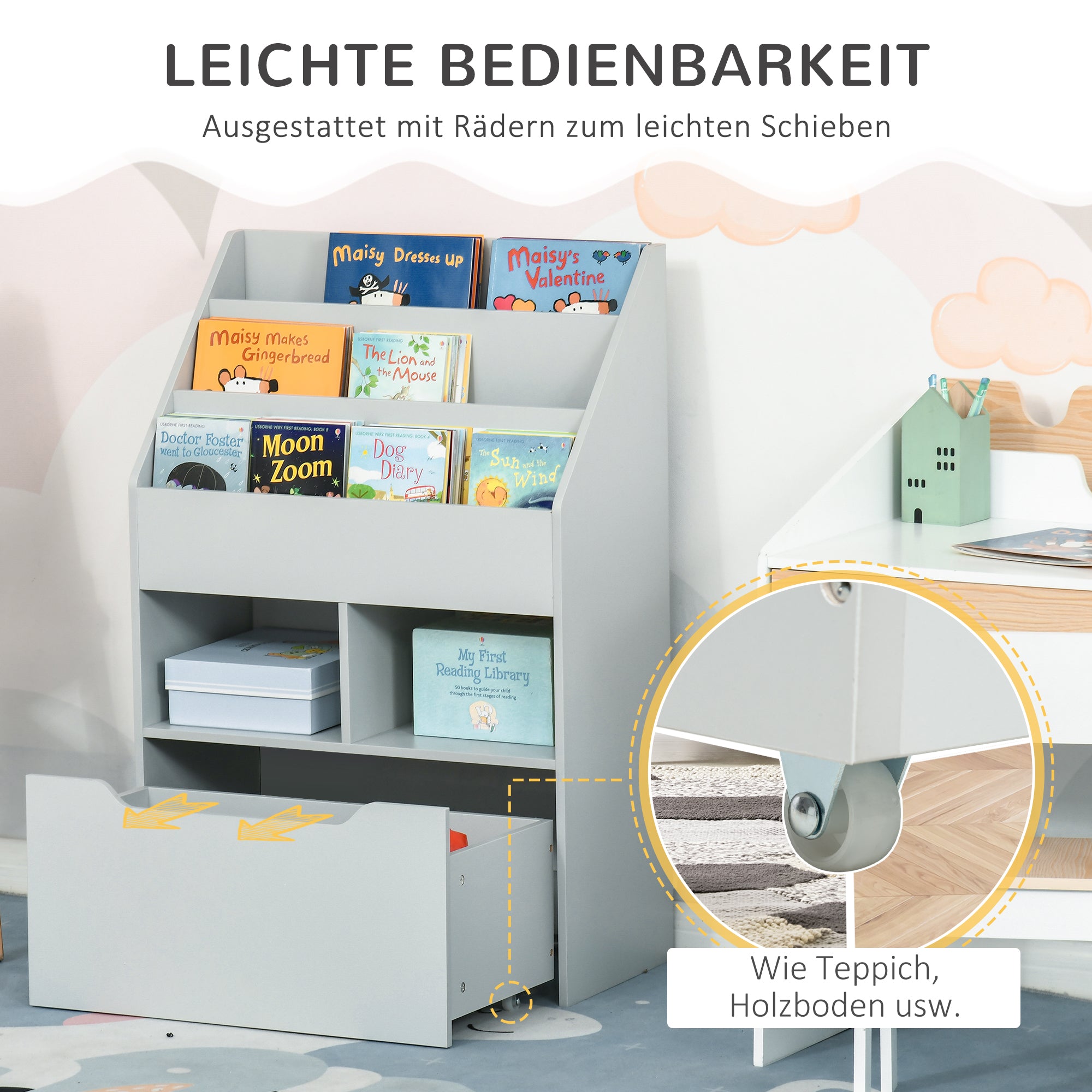 HOMCOM Kinderregal mit Schublade, Bücherregal mit Fächern, 60 x 29,9 x 90 cm, Grau