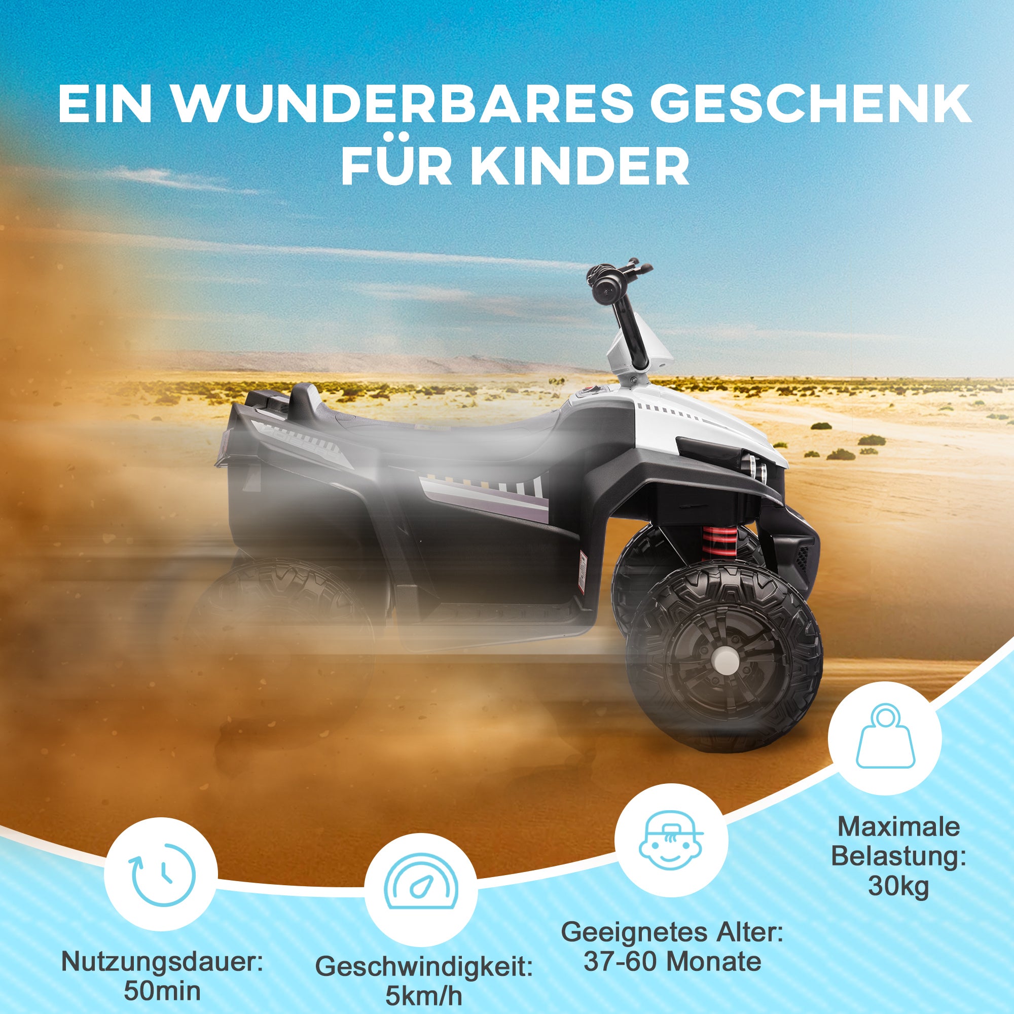 AIYAPLAY Elektro-Kinderquad, Licht & Musik, Federung, 5 km/h, 50 Min. Fahrzeit, für 3-5 Jahre, Weiß