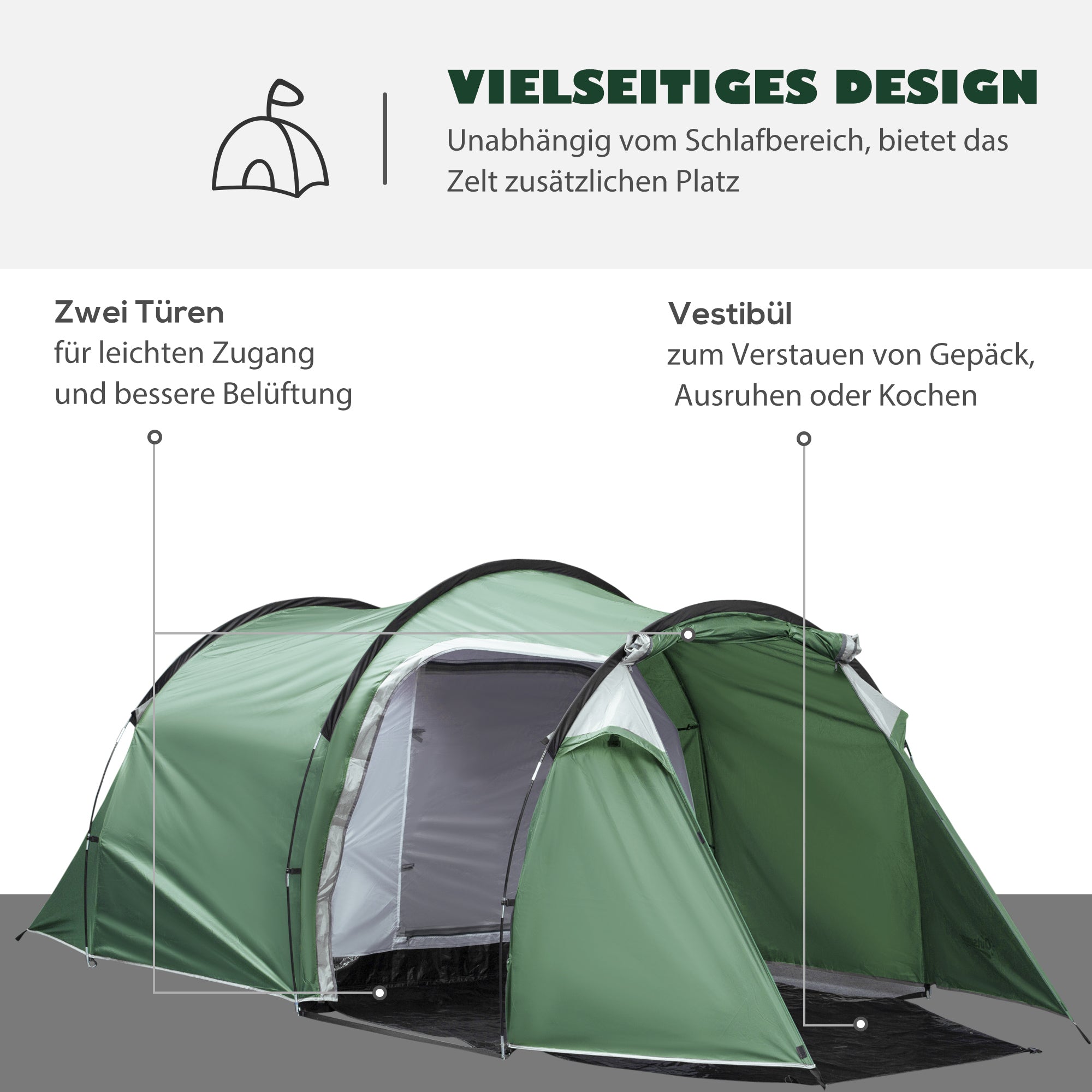 Outsunny Campingzelt für 2-3 Personen stabil wasserdicht Familienzelt mit Seitentür Fenster Packtasche, Zelt mit 2000mm Wassersäule Tunnelzelt Kuppelzelt für Camping Reise Trekking Garten, Dunkelgrün
