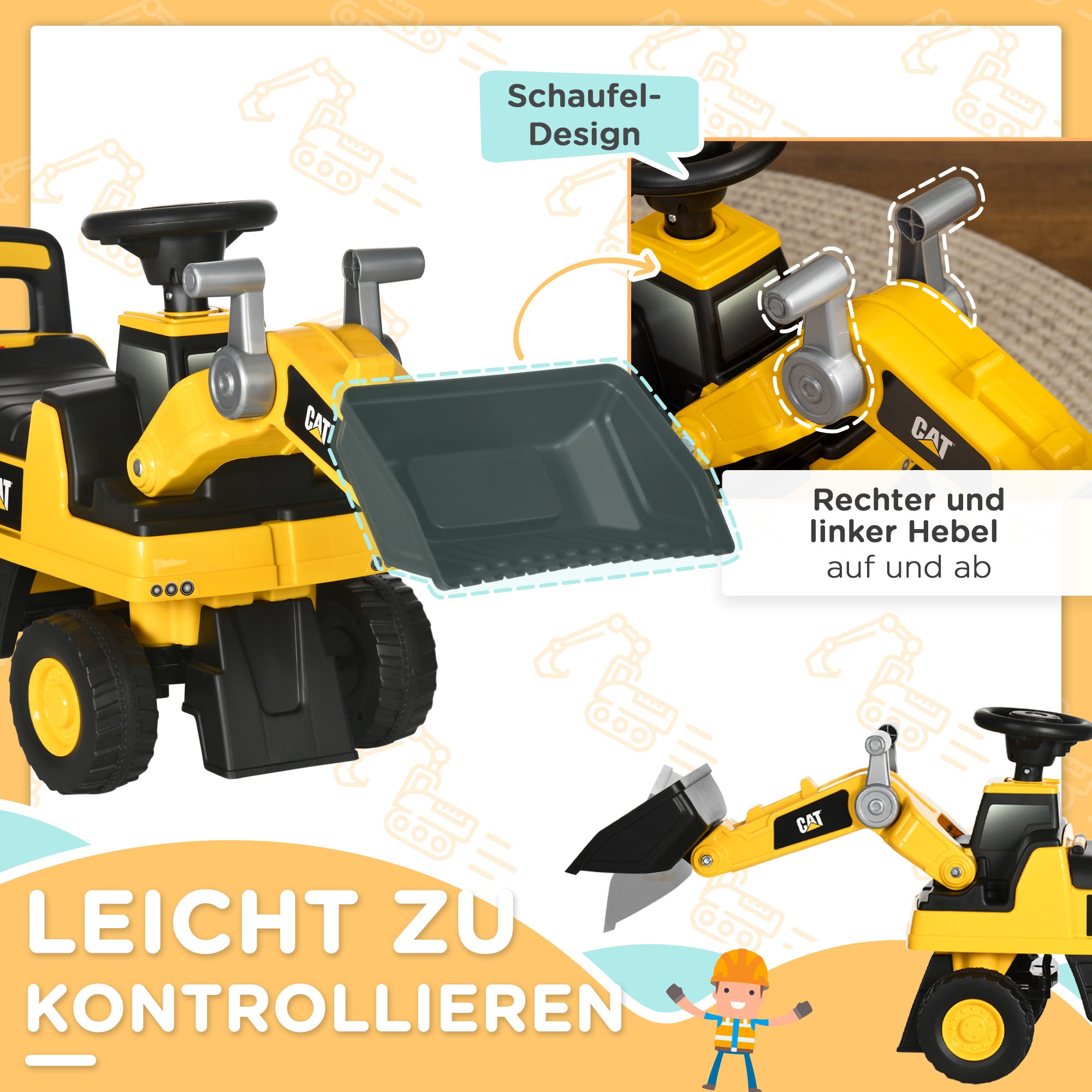 HOMCOM Kinderbagger, Rutscher, bedienbare Baggerschaufel, Kippschutz, rutschfeste Räder, gelb+schwarz, 78 x 29,5 x 54 cm