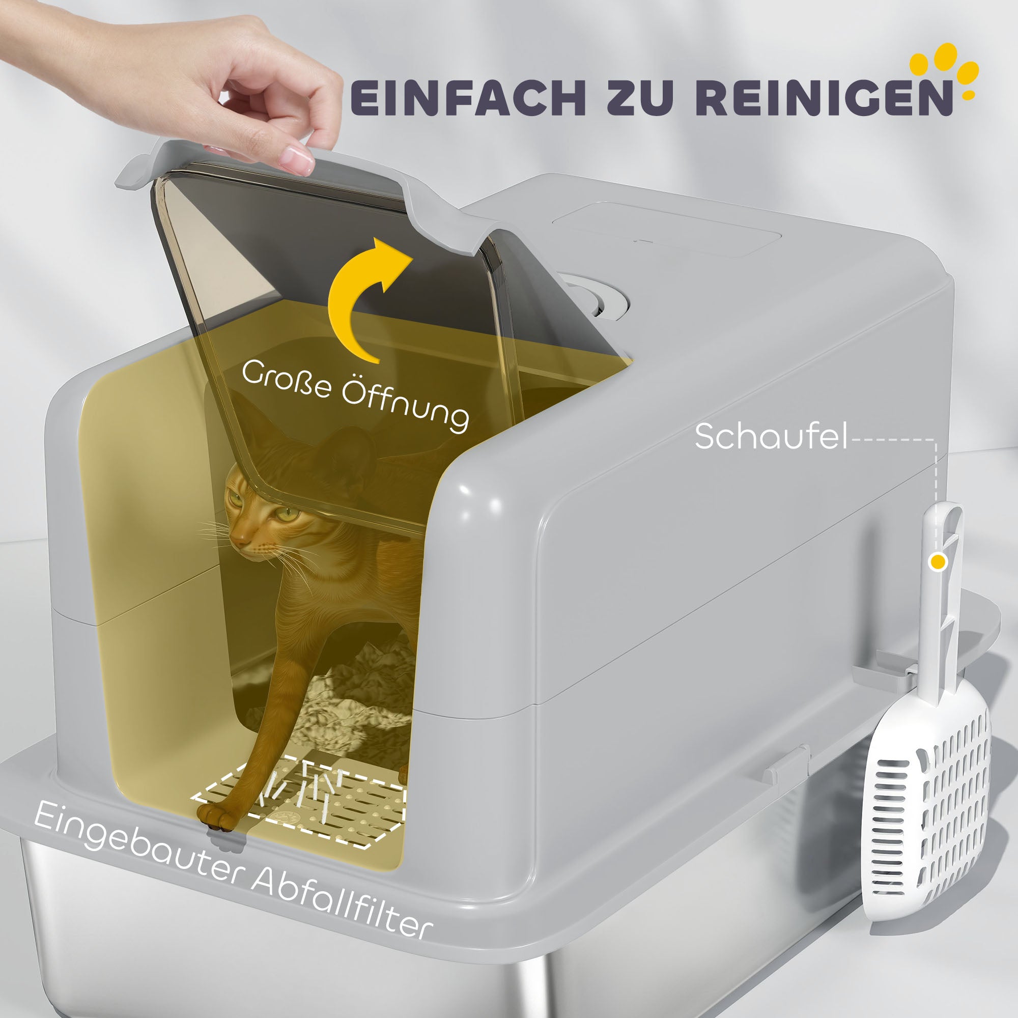 PawHut Katzentoilette, Wanne aus Edelstahl, Filter, Schaufel, für Katzen bis 6 kg, 40,5 x 60,5 x 41,5 cm, Grau/Silber