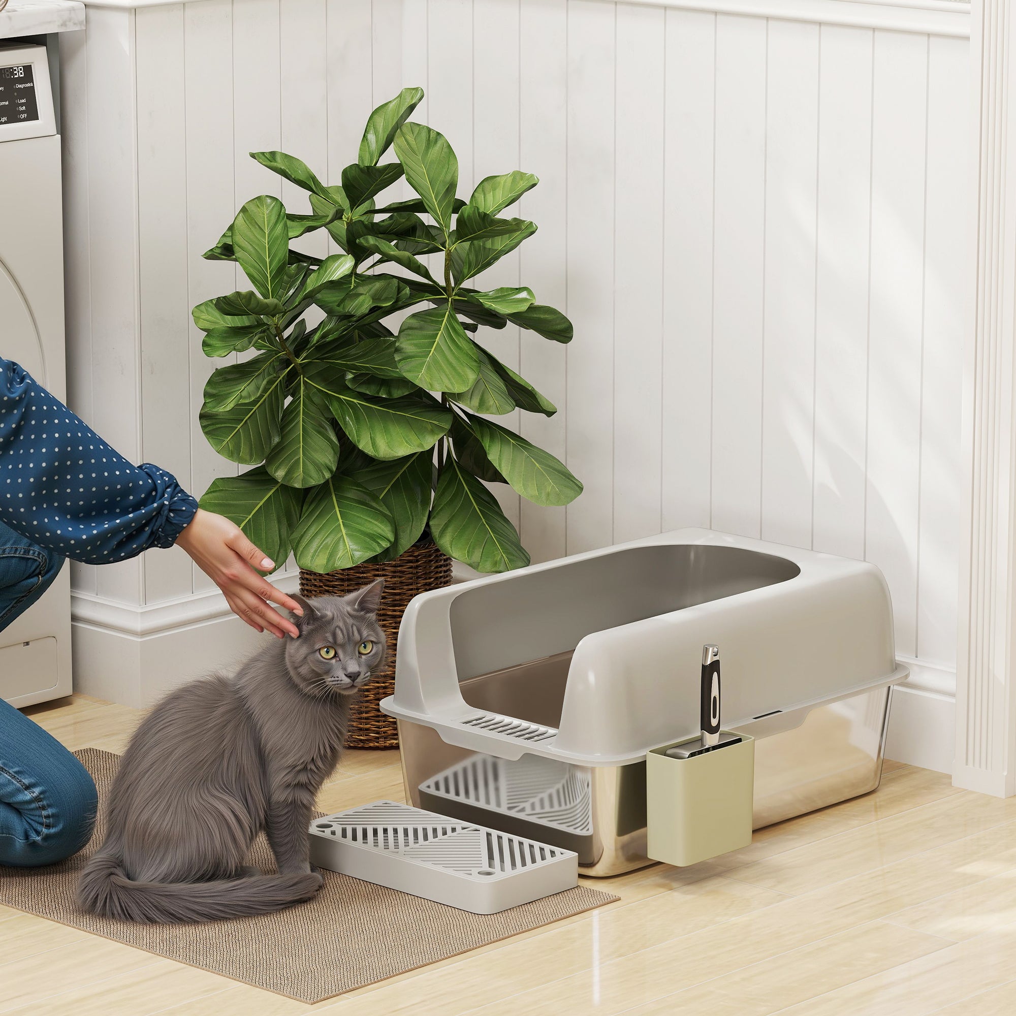 PawHut Katzentoilette, Katzenklo, Edelstahl, hohe Wände, Aufbewahrungsbox, Hellgrau