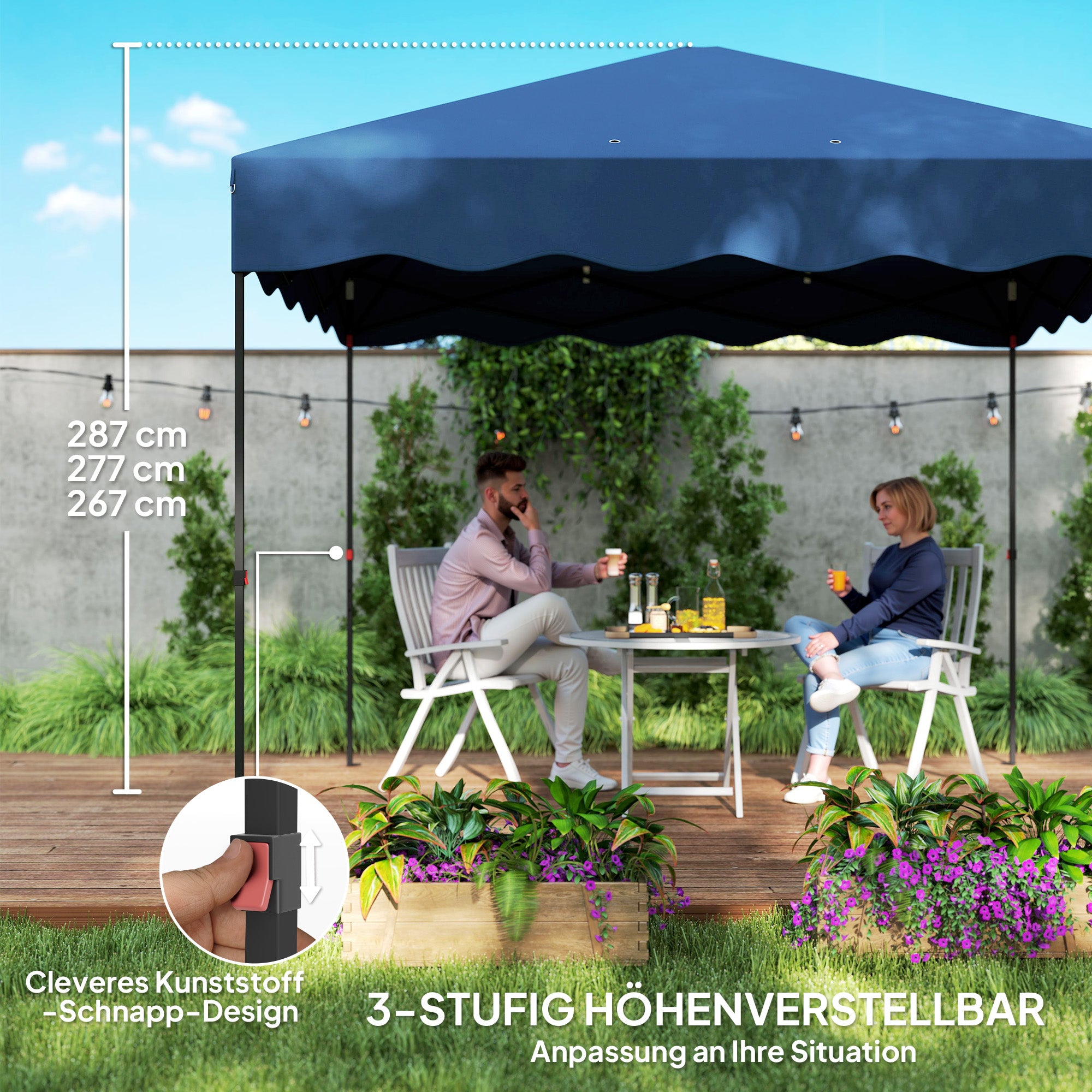 Outsunny 3 x 3 m Pop-up-Pavillon, Höhenverstellbares Gartenzelt, mit Rolltasche, für Garten, Terrasse, Metall, Stoff, Dunkelblau