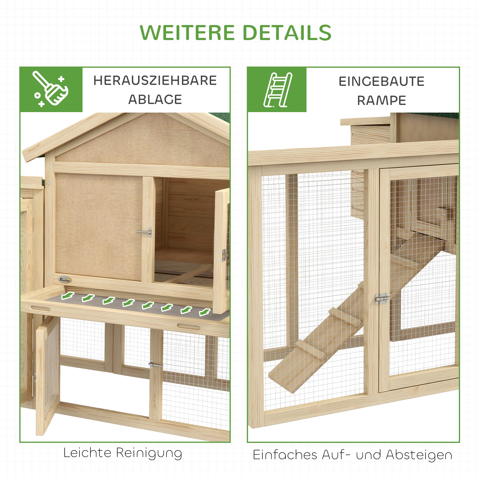 PawHut Hühnerstall mit Freigehege, inkl. Nistkasten, Rampe und Bodenwanne Tannenholz Naturholz