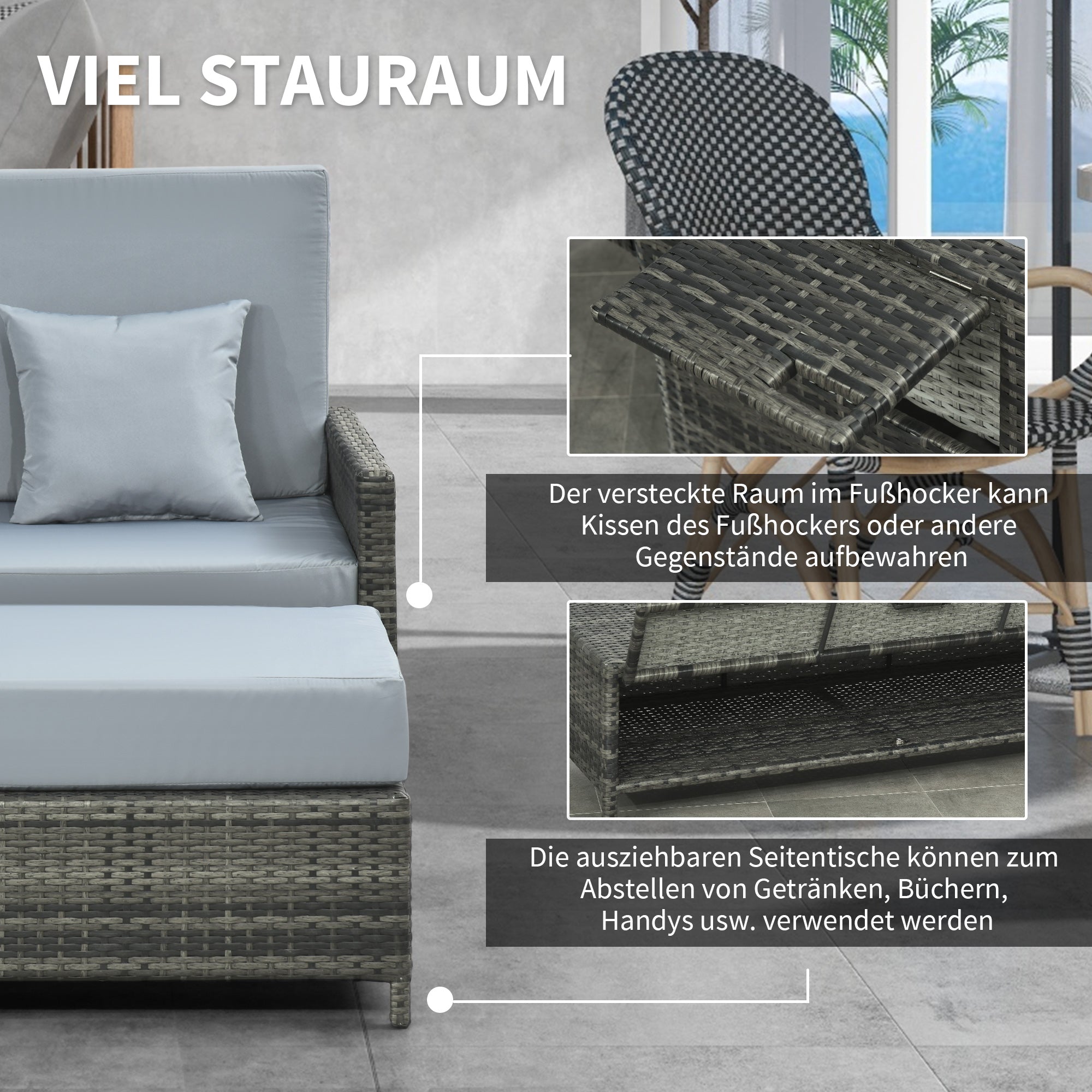 Outsunny Gartensofa mit Liegefunktion, ausfahrbare Fußbank mit Stauraum, Sitzkissen, grau, 130 x 72 x 96 cm