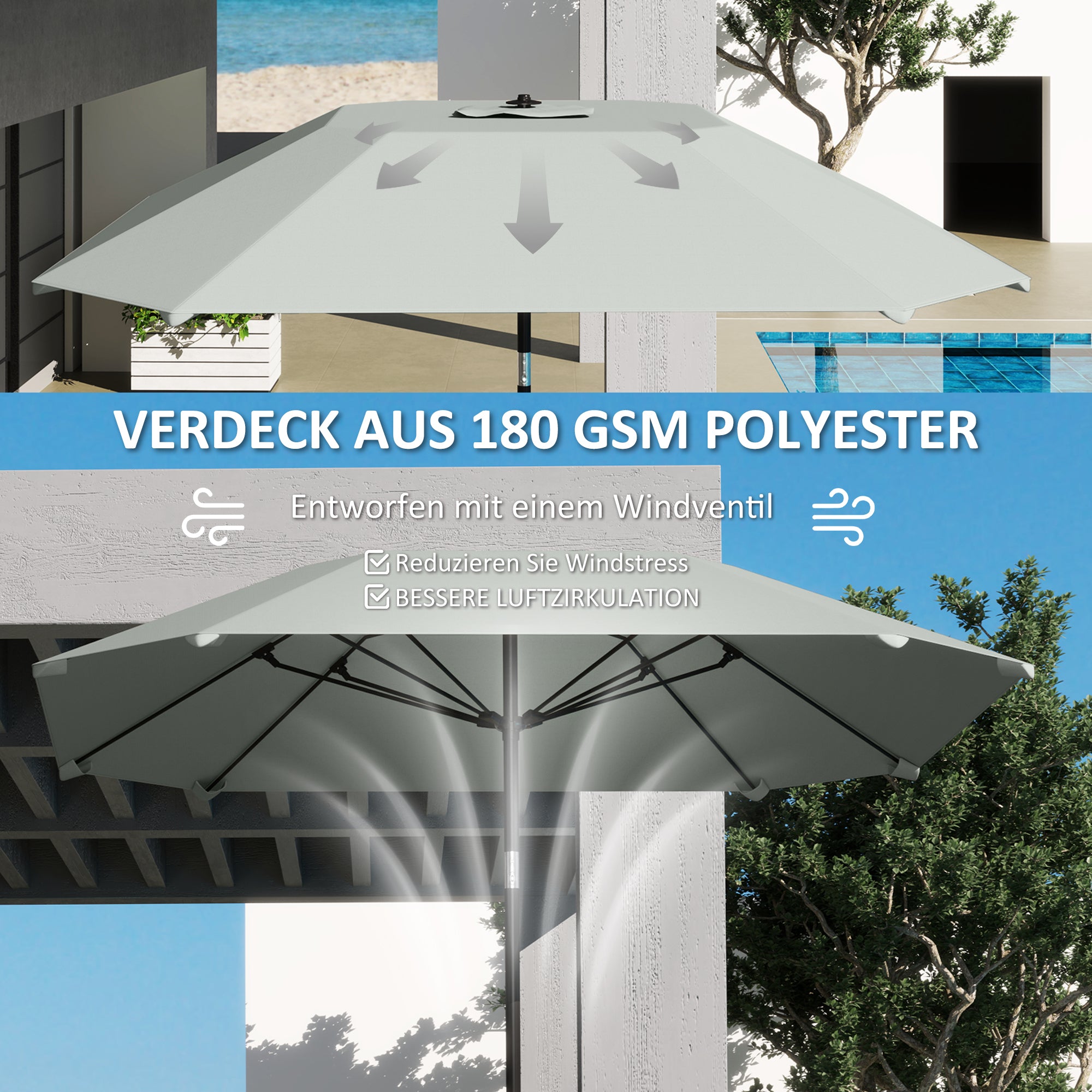 Outsunny 2,3 m Sonnenschirm ohne Basis, Verstellbarer Terrassenschirm mit Kurbel, Polyester, Aluminium, Fiberglas, Dunkelgrau