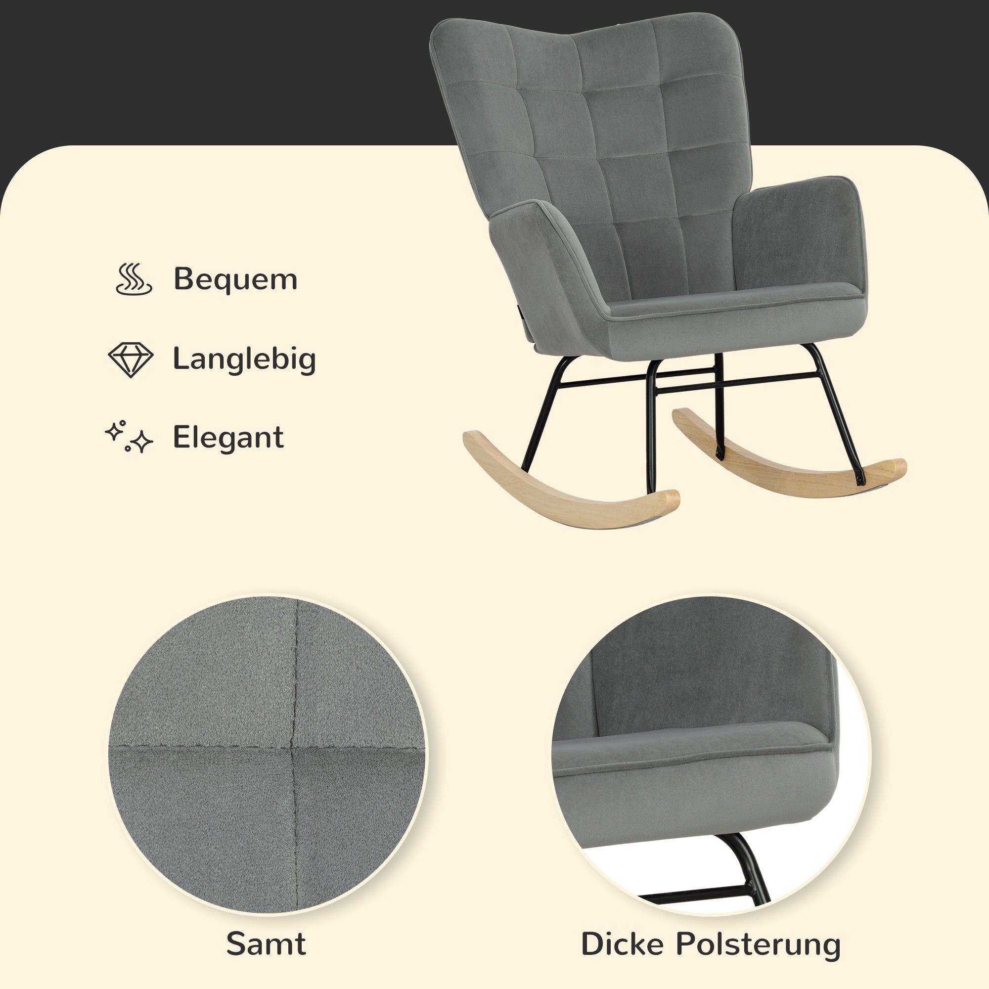 HOMCOM Vintage Schaukelstuhl, geschwungene Kufen, dicke Polsterung, Buchenholz & Stahl, Dunkelgrau