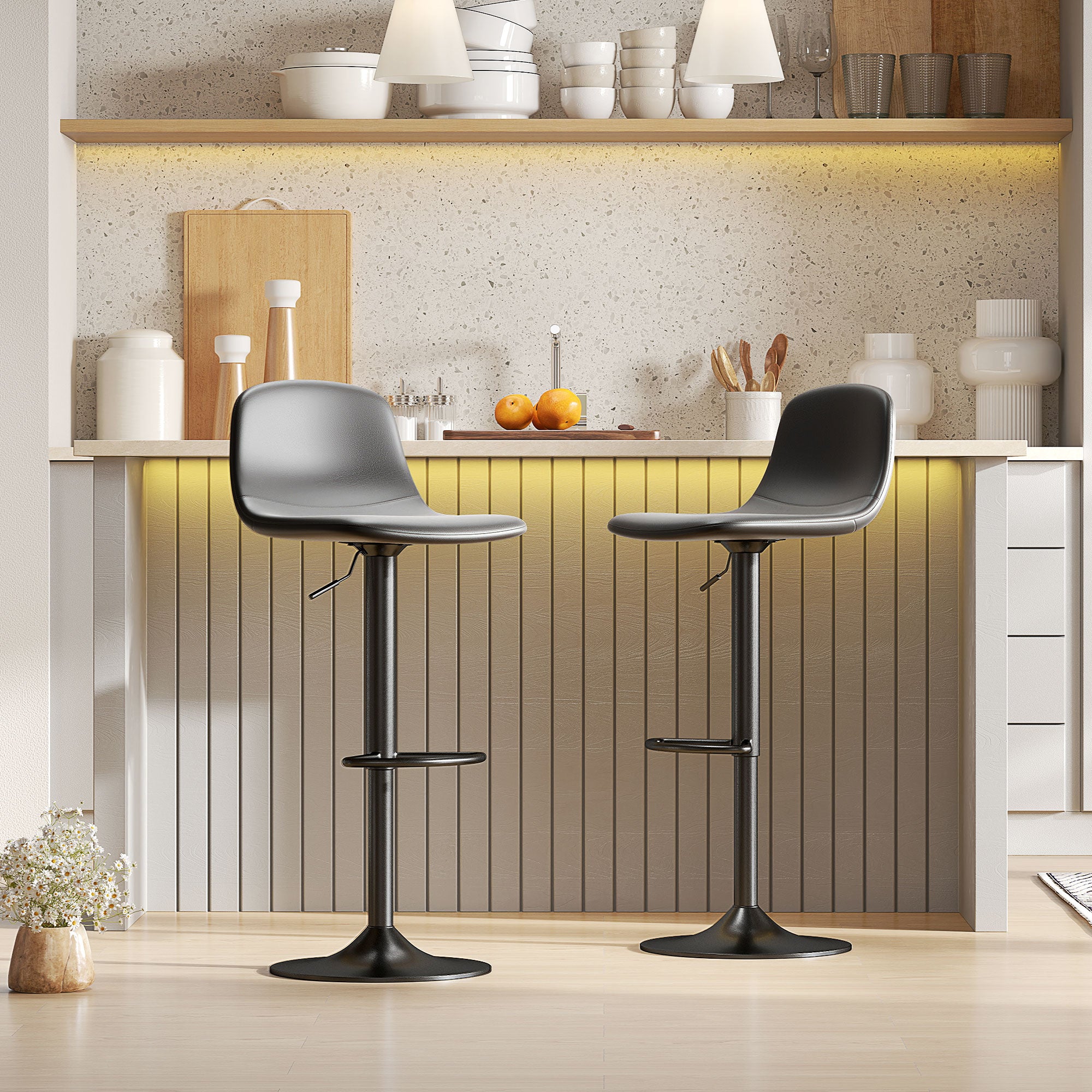 HOMCOM 2er-Set Barhocker, Barstühle mit Kunstlederbezug, drehbar, mit Rückenlehne und Fußstütze, Metallbasis, Schwarz