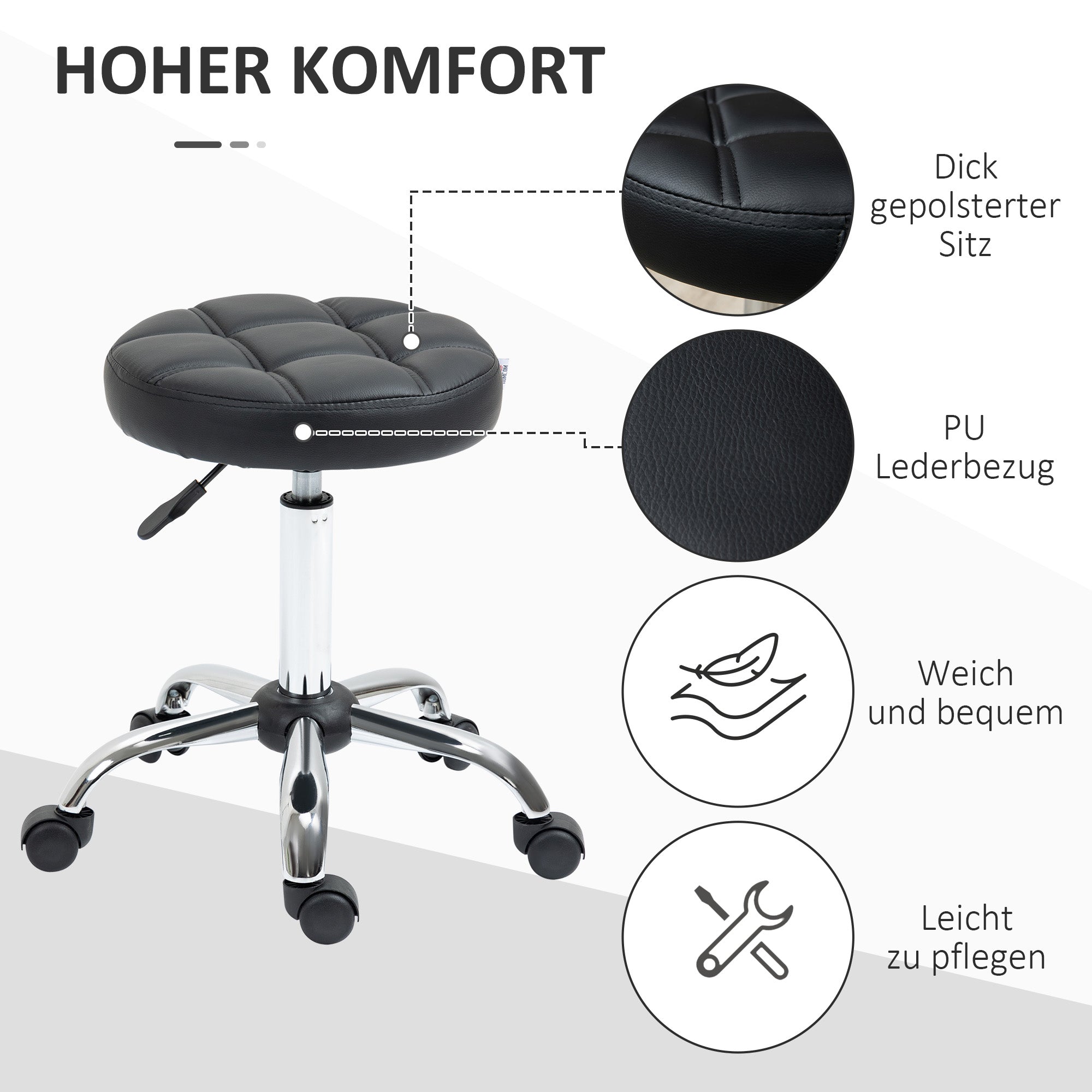 HOMCOM Drehhocker, Salonhocker, höhenverstellbar, Kunstleder, Steppdesign, Schwarz/Silber